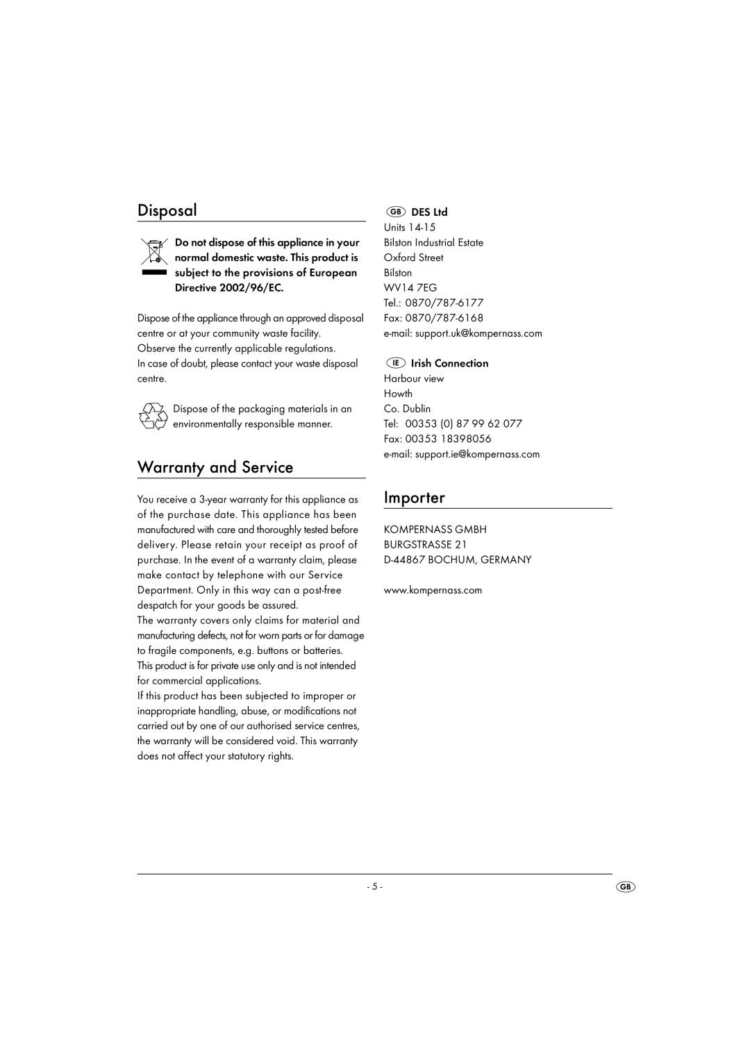 Kompernass KH 1027 manual Disposal, Warranty and Service, Importer 