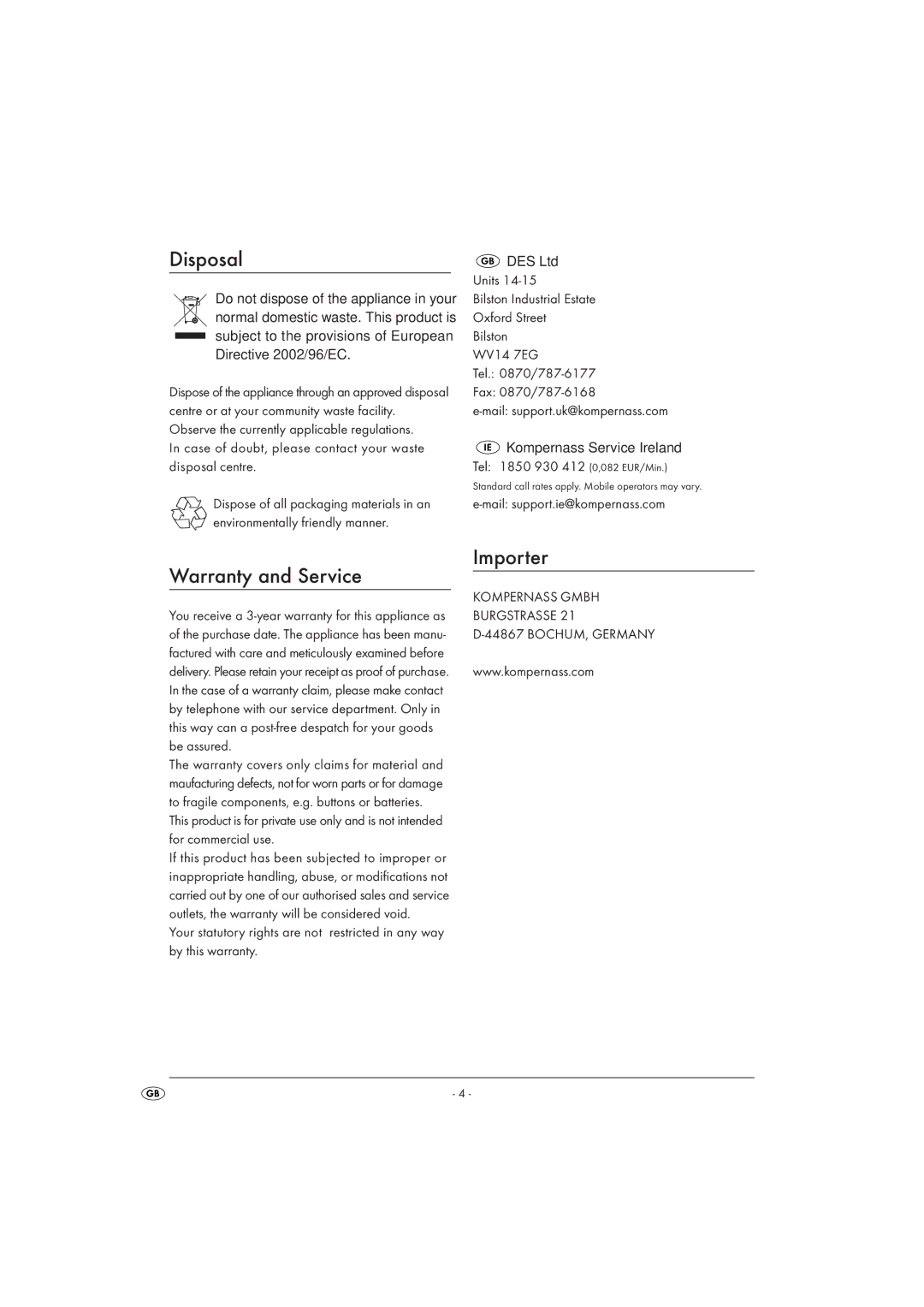 Kompernass KH 1028 operating instructions Disposal, Warranty and Service Importer 