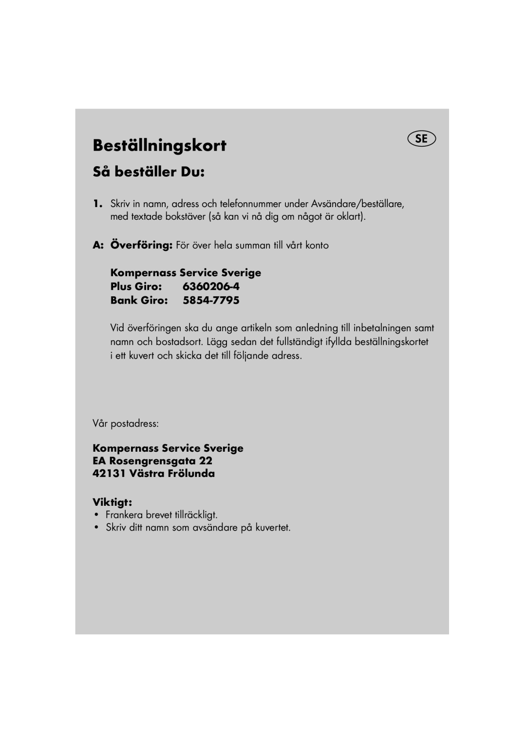 Kompernass KH 107 operating instructions Beställningskort, Så beställer Du 