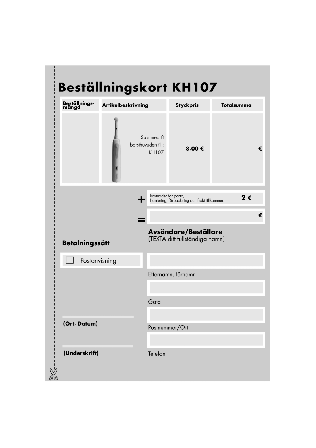 Kompernass KH 107 operating instructions Betalningssätt Postanvisning 