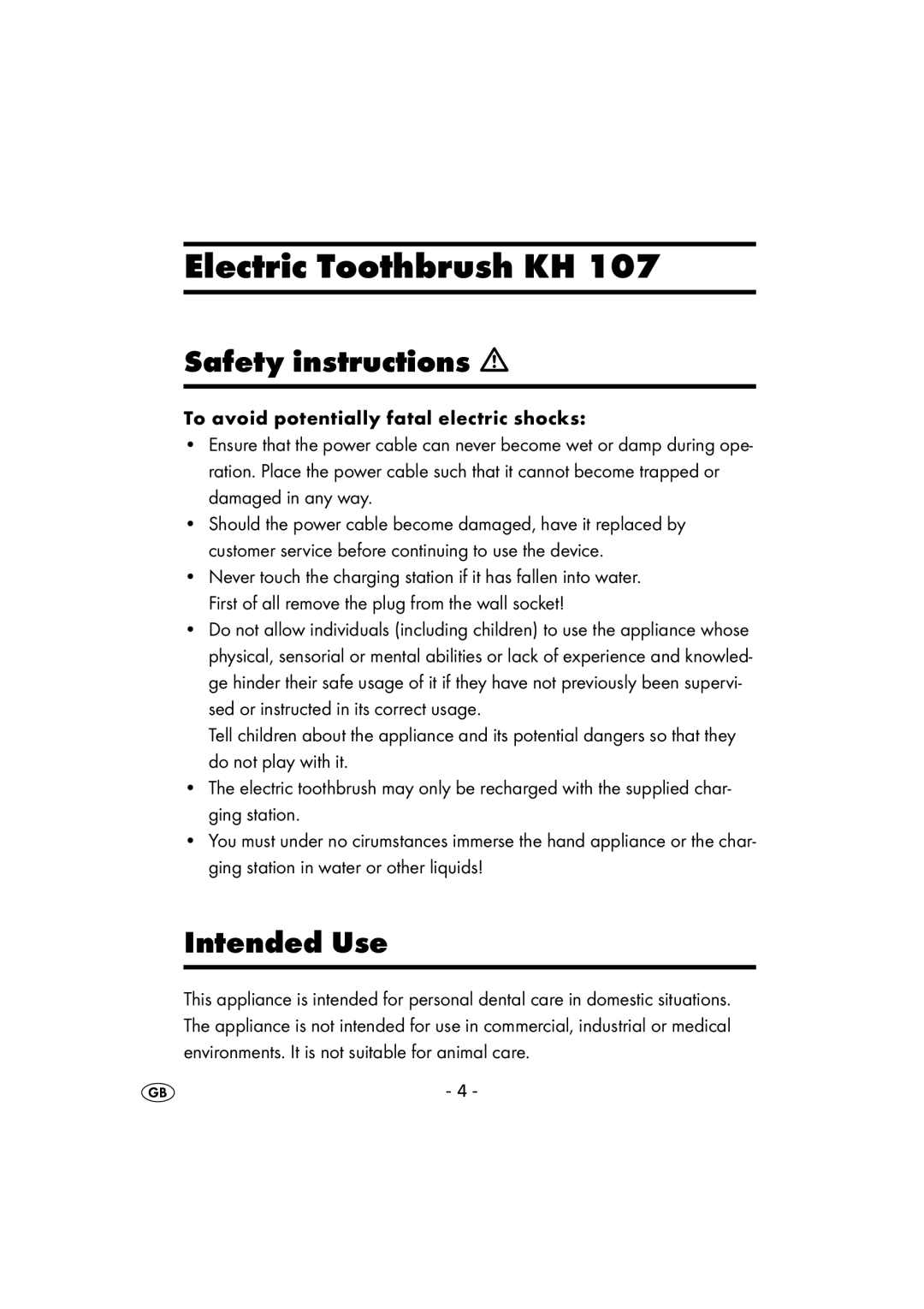 Kompernass KH 107 operating instructions Electric Toothbrush KH, Safety instructions, Intended Use 