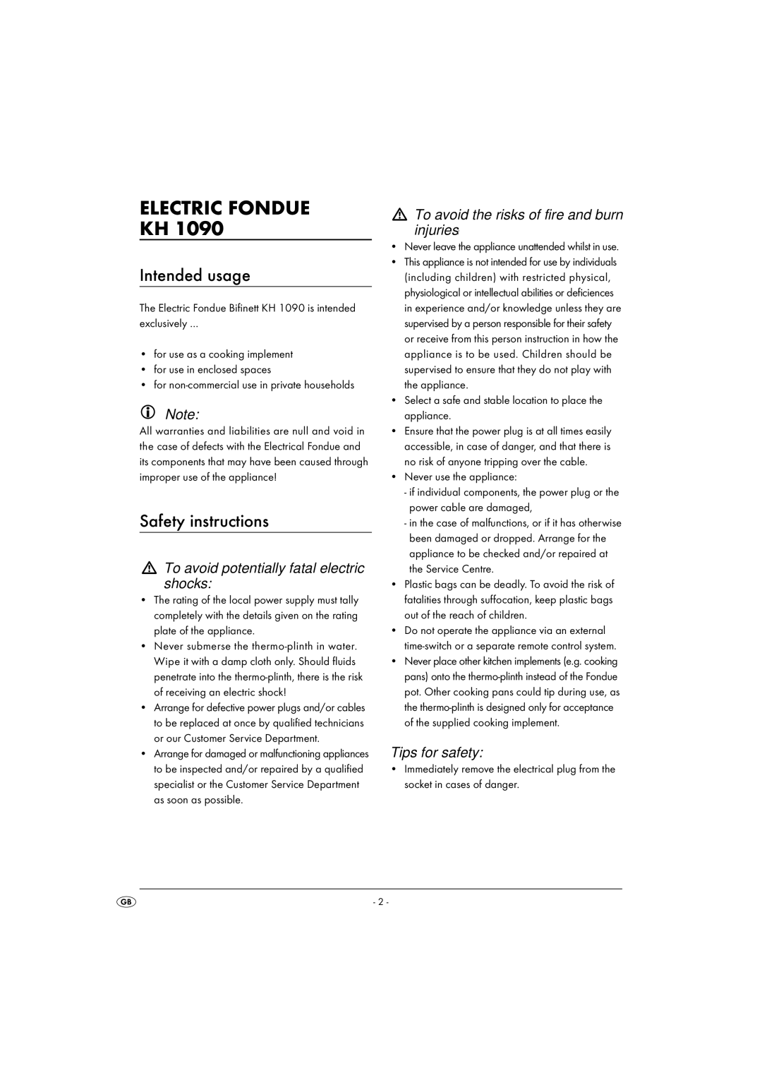 Kompernass KH 1090 Intended usage, Safety instructions, To avoid potentially fatal electric shocks, Tips for safety 