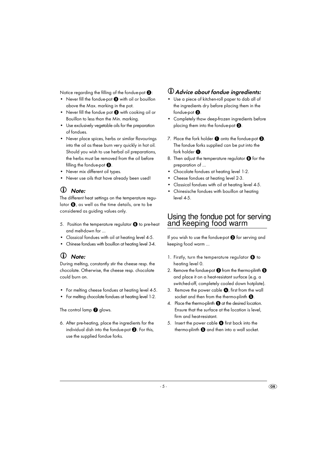 Kompernass KH 1090 operating instructions Advice about fondue ingredients, Control lamp 7 glows 