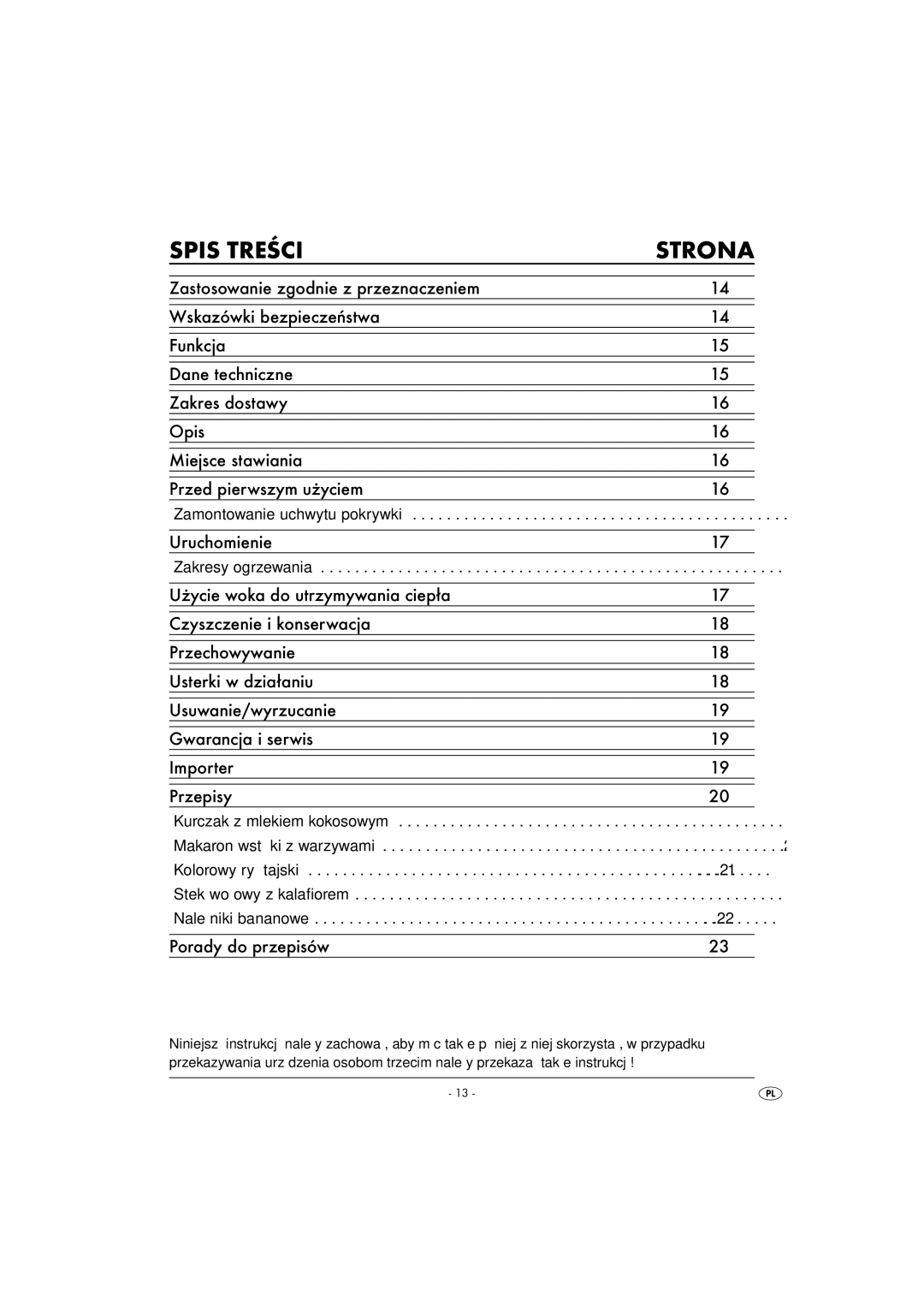 Kompernass KH 1099 manual Spis Treści Strona, Uruchomienie, Porady do przepisów, Zamontowanie uchwytu pokrywki 