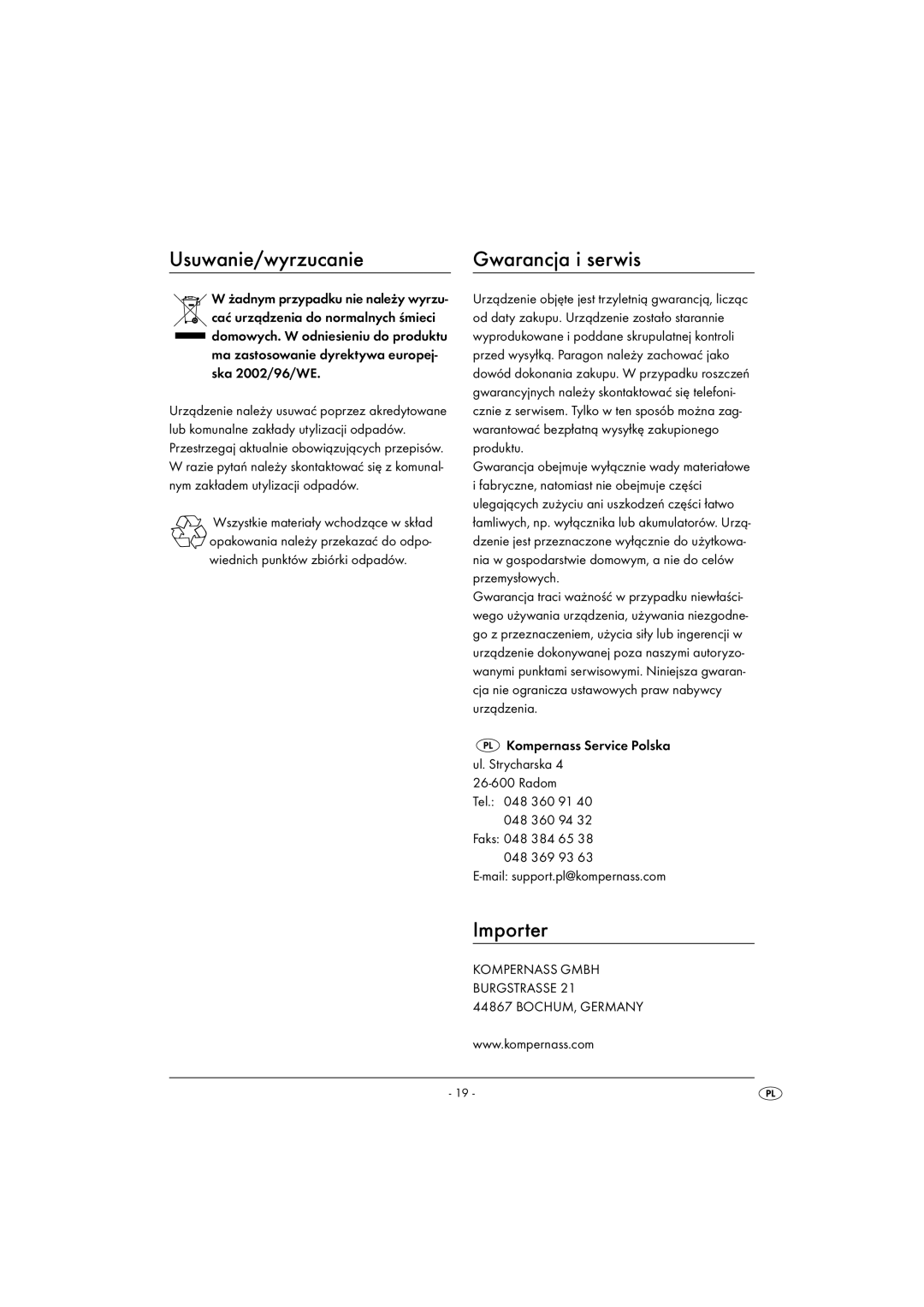 Kompernass KH 1099 manual Usuwanie/wyrzucanie Gwarancja i serwis, Importer 