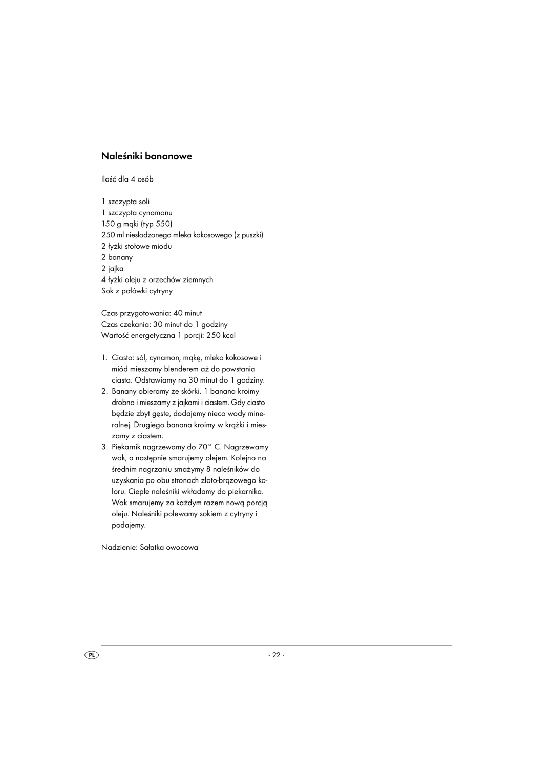 Kompernass KH 1099 manual Naleśniki bananowe, Nadzienie Sałatka owocowa 