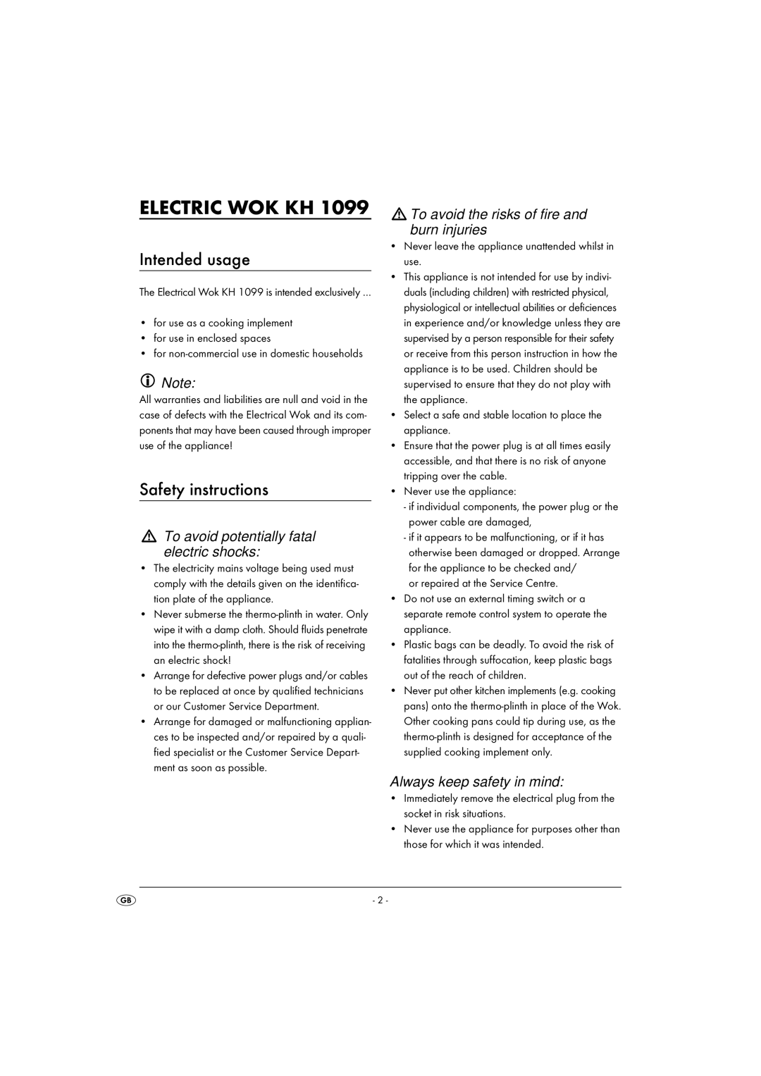 Kompernass KH 1099 manual Electric WOK KH, Intended usage, Safety instructions 