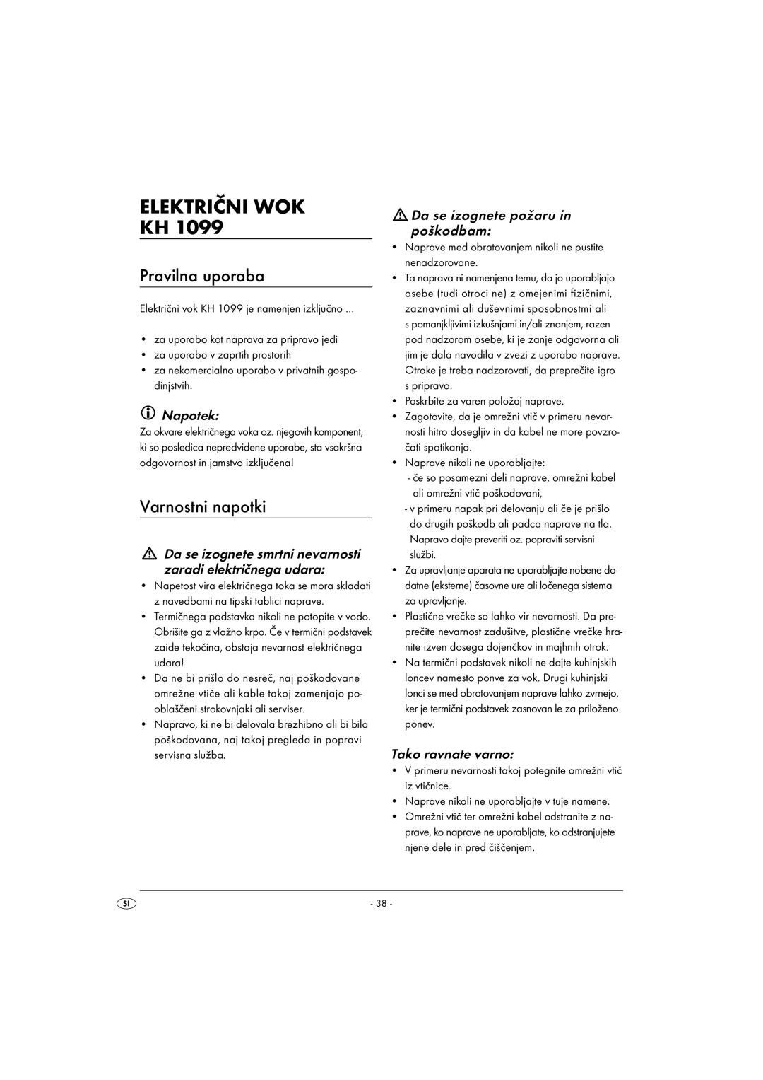 Kompernass KH 1099 manual Električni WOK, Pravilna uporaba, Varnostni napotki 