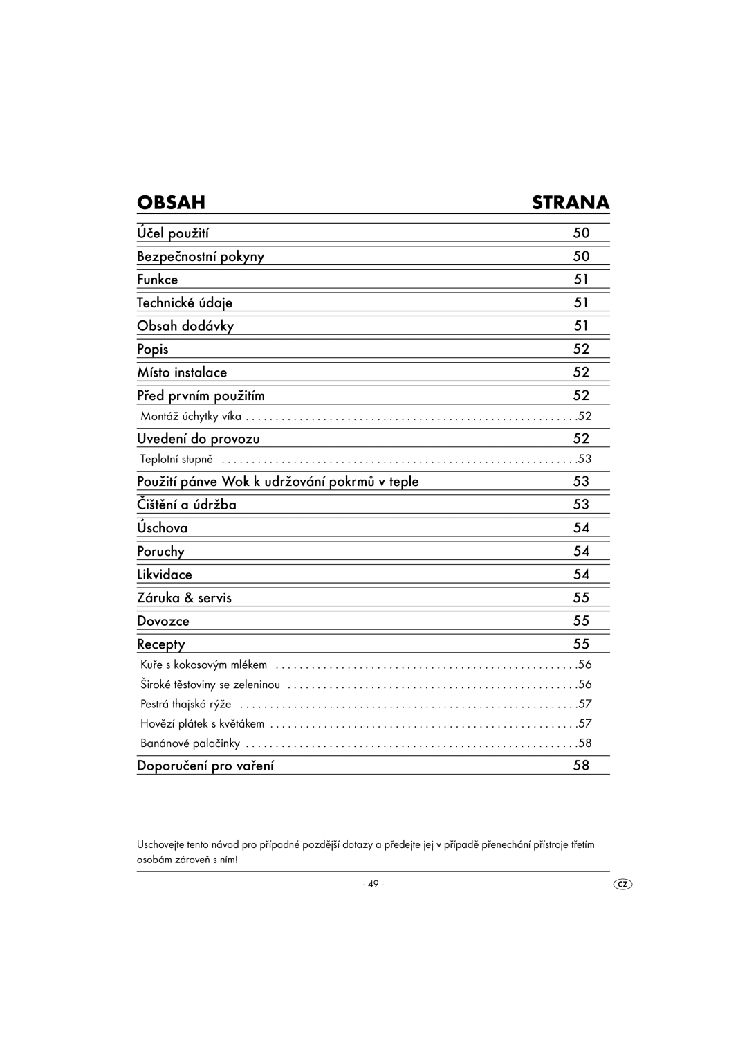 Kompernass KH 1099 manual Obsah Strana, Uvedení do provozu, Doporučení pro vaření, Montáž úchytky víka, Teplotní stupně 