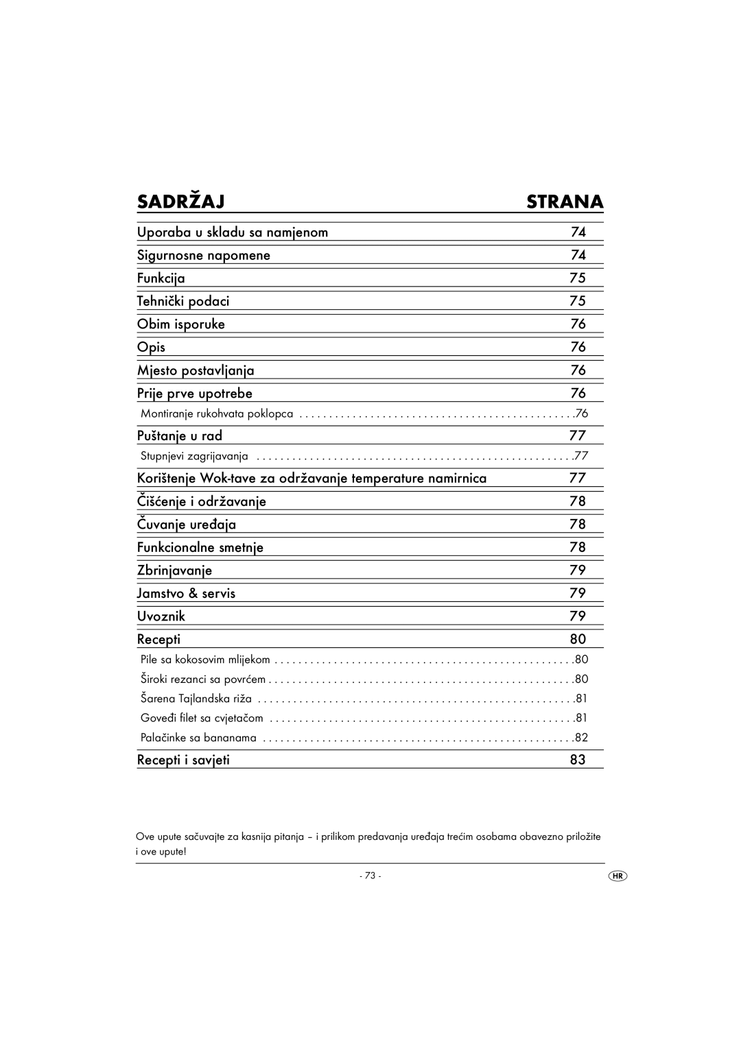 Kompernass KH 1099 manual Sadržaj Strana, Puštanje u rad, Recepti i savjeti, Montiranje rukohvata poklopca 