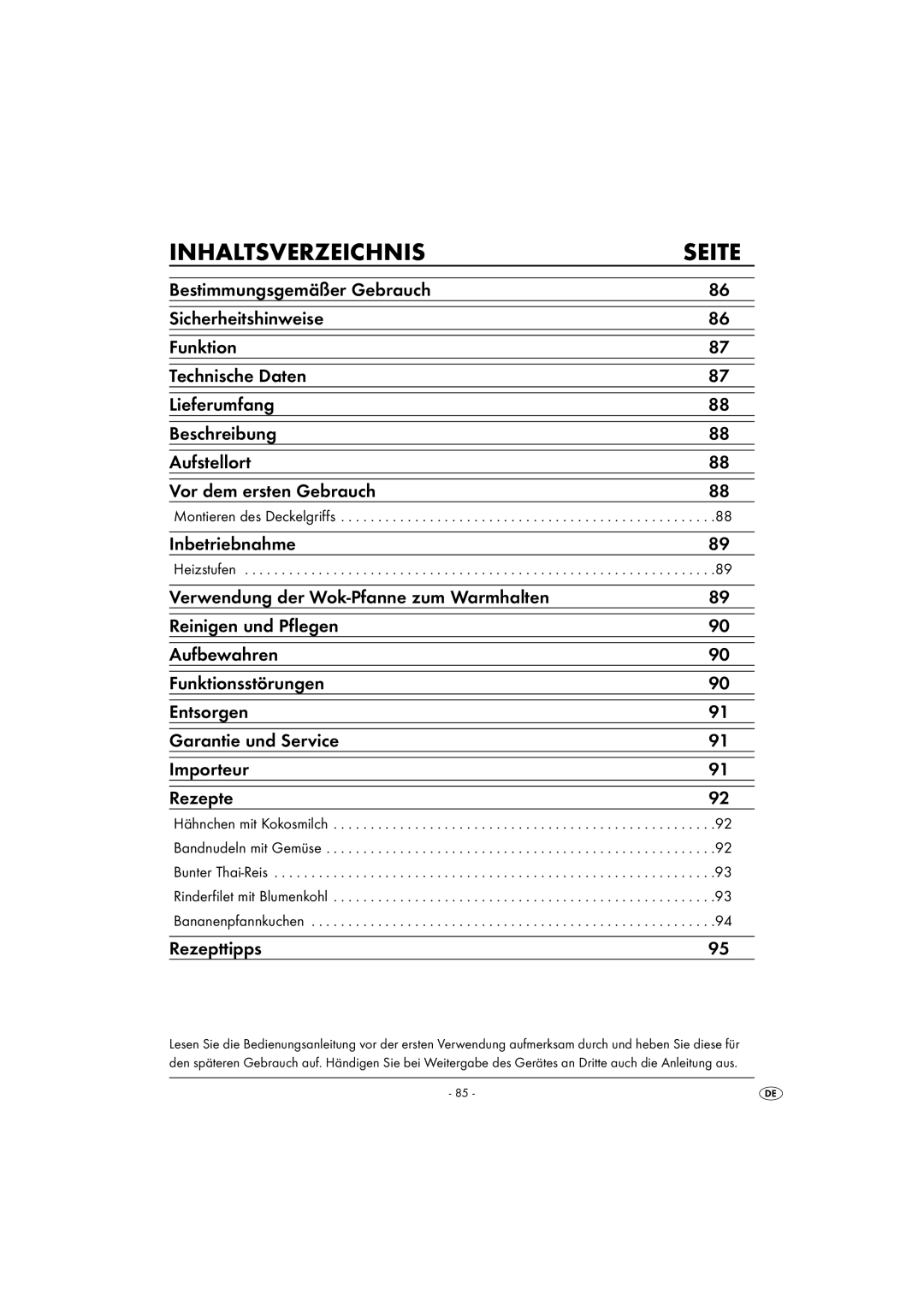 Kompernass KH 1099 manual Inhaltsverzeichnis, Inbetriebnahme, Rezepttipps, Montieren des Deckelgriffs, Heizstufen 