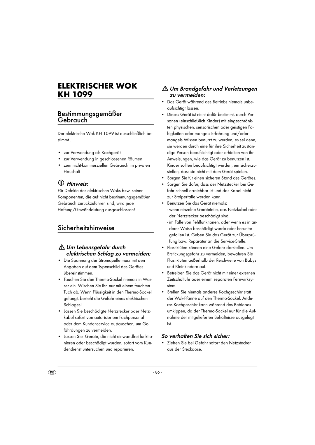 Kompernass KH 1099 manual Elektrischer WOK KH, Bestimmungsgemäßer Gebrauch, Sicherheitshinweise 