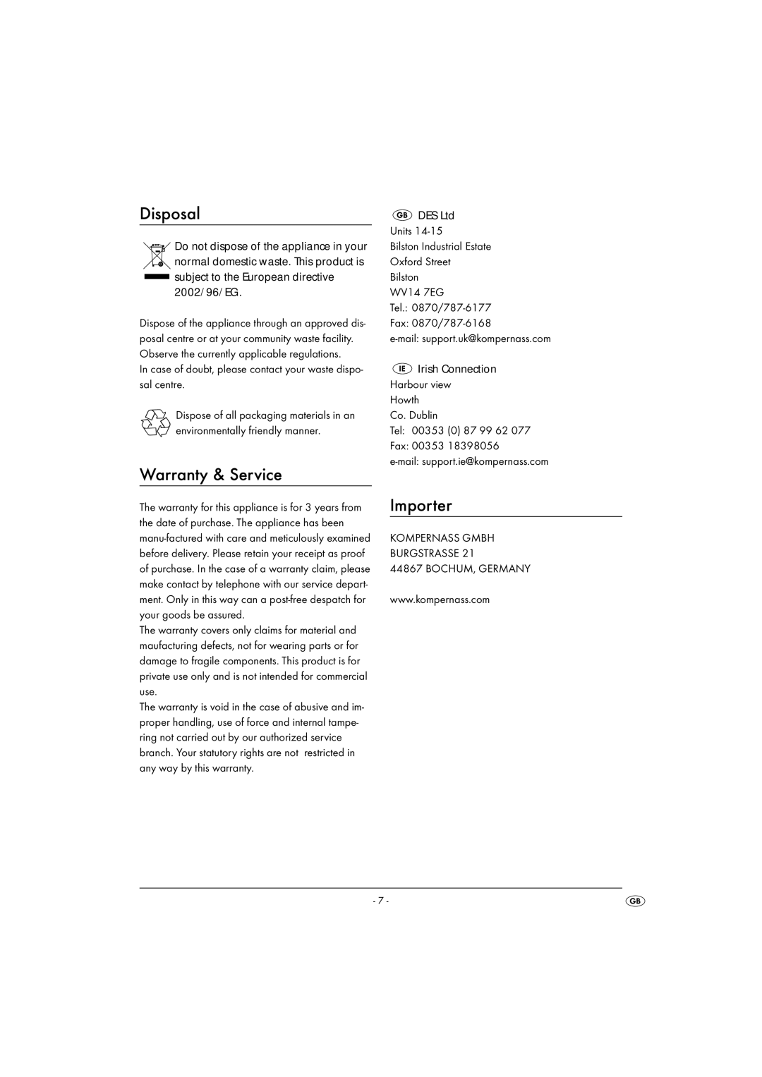 Kompernass KH 1099 manual Disposal, Warranty & Service, Importer 