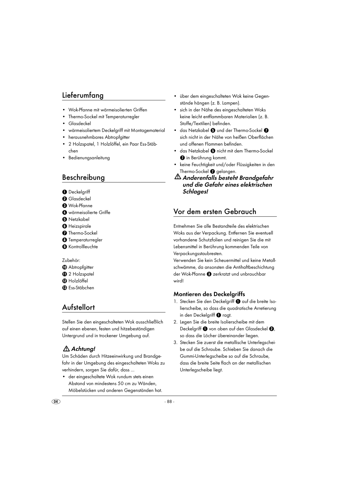 Kompernass KH 1099 manual Lieferumfang, Beschreibung, Aufstellort, Vor dem ersten Gebrauch, Montieren des Deckelgriffs 