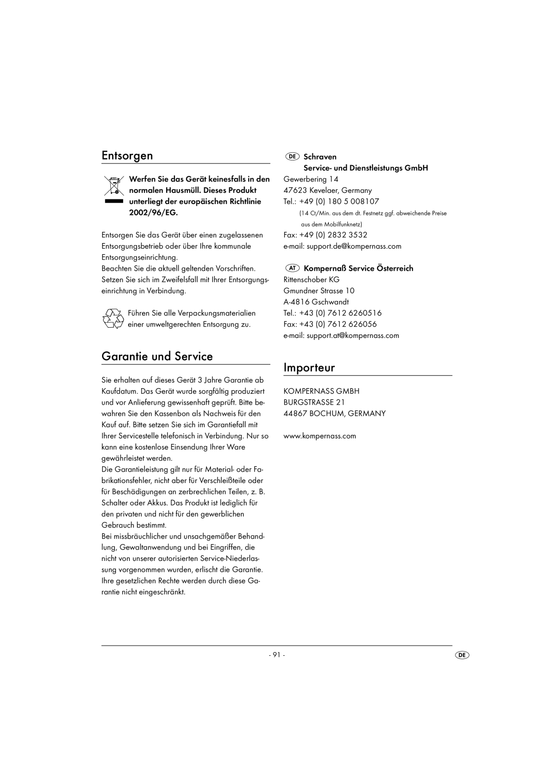 Kompernass KH 1099 manual Entsorgen, Garantie und Service, Importeur 