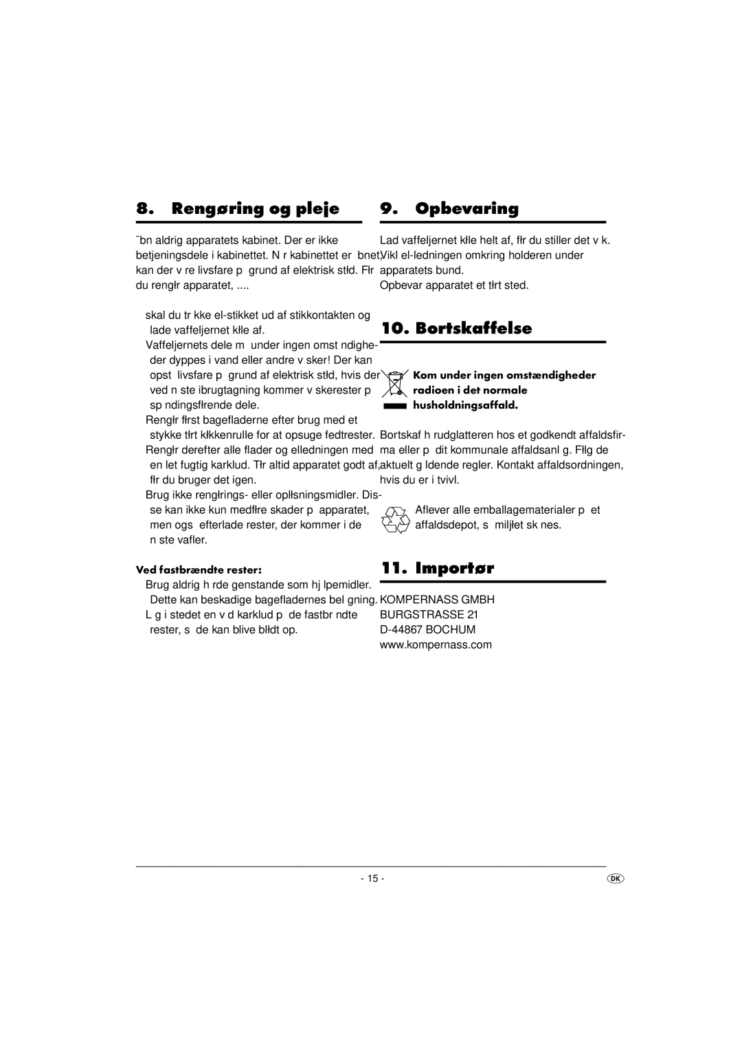 Kompernass KH 1105 manual Rengøring og pleje Opbevaring, Bortskaffelse, Importør, Ved fastbrændte rester 