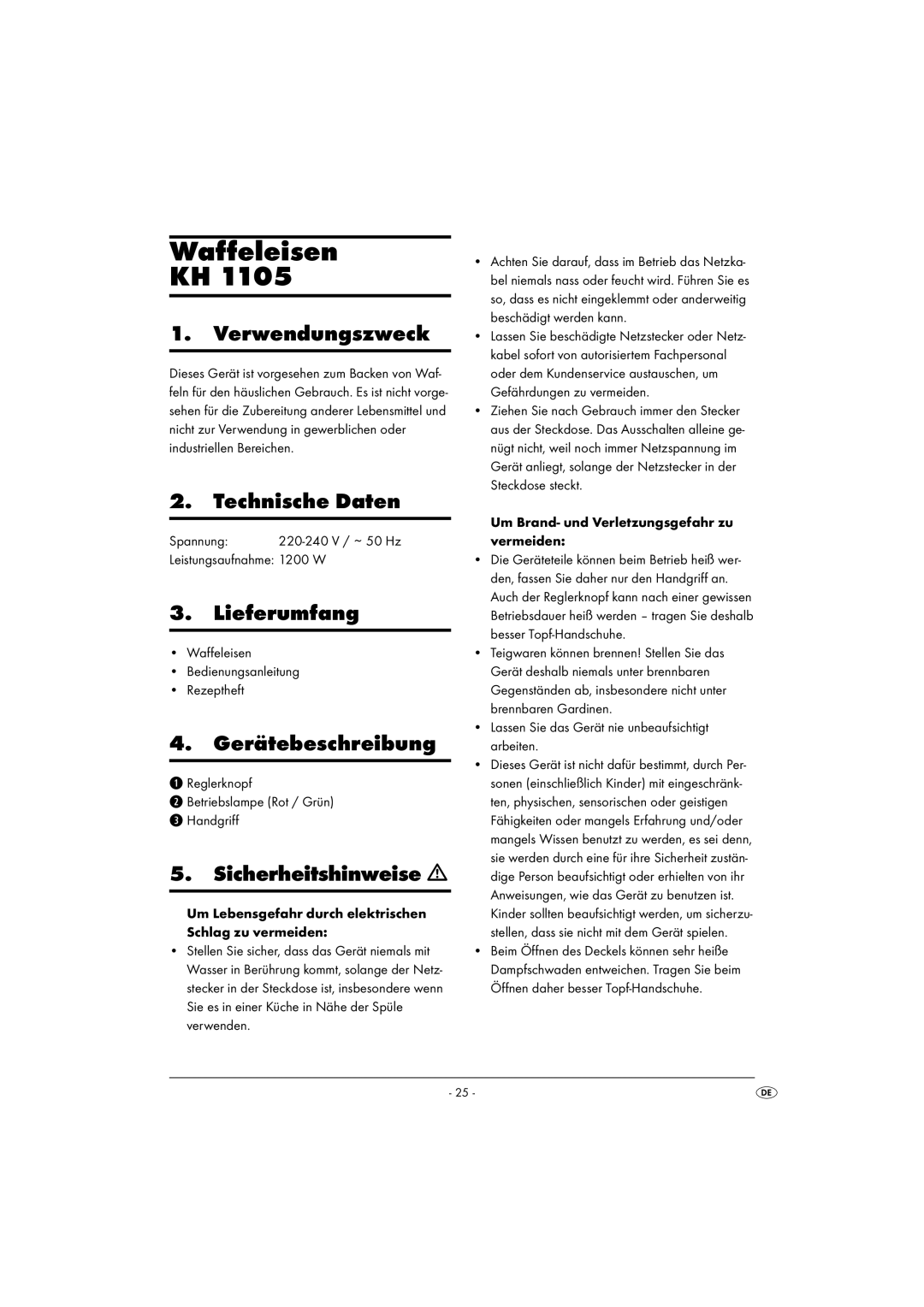 Kompernass KH 1105 manual Waffeleisen 