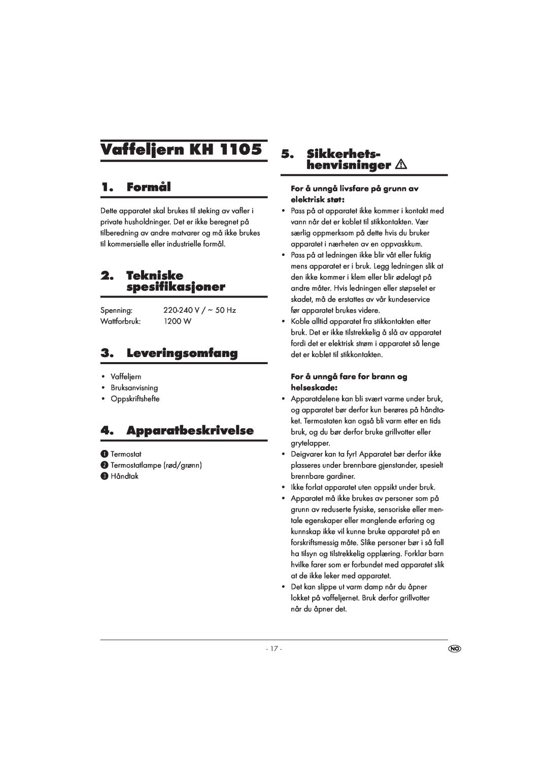 Kompernass KH 1105 manual Vaffeljern KH, Formål, Tekniske spesifikasjoner, Leveringsomfang, Apparatbeskrivelse 