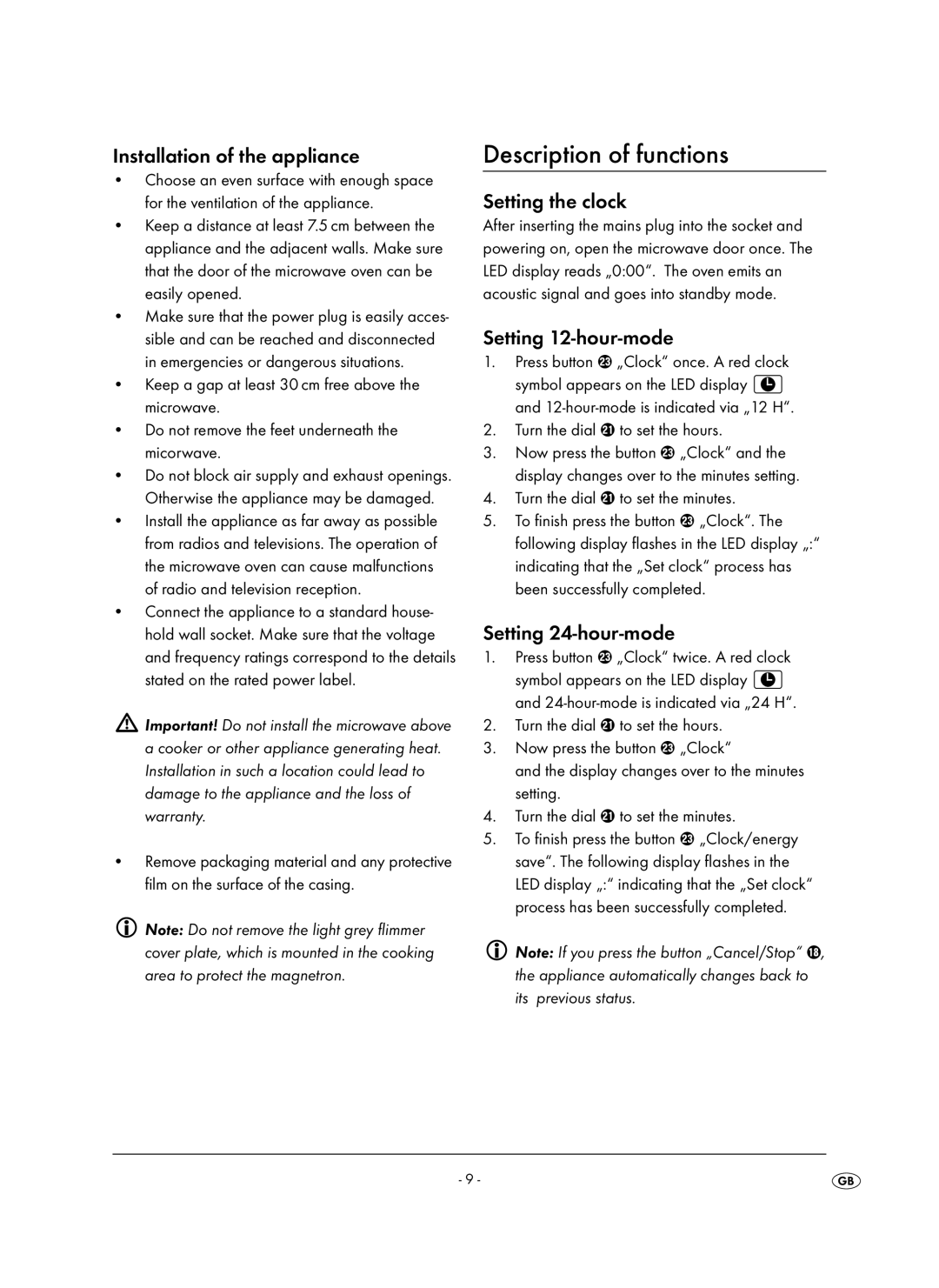 Kompernass KH 1106 manual Description of functions, Installation of the appliance, Setting the clock, Setting 12-hour-mode 