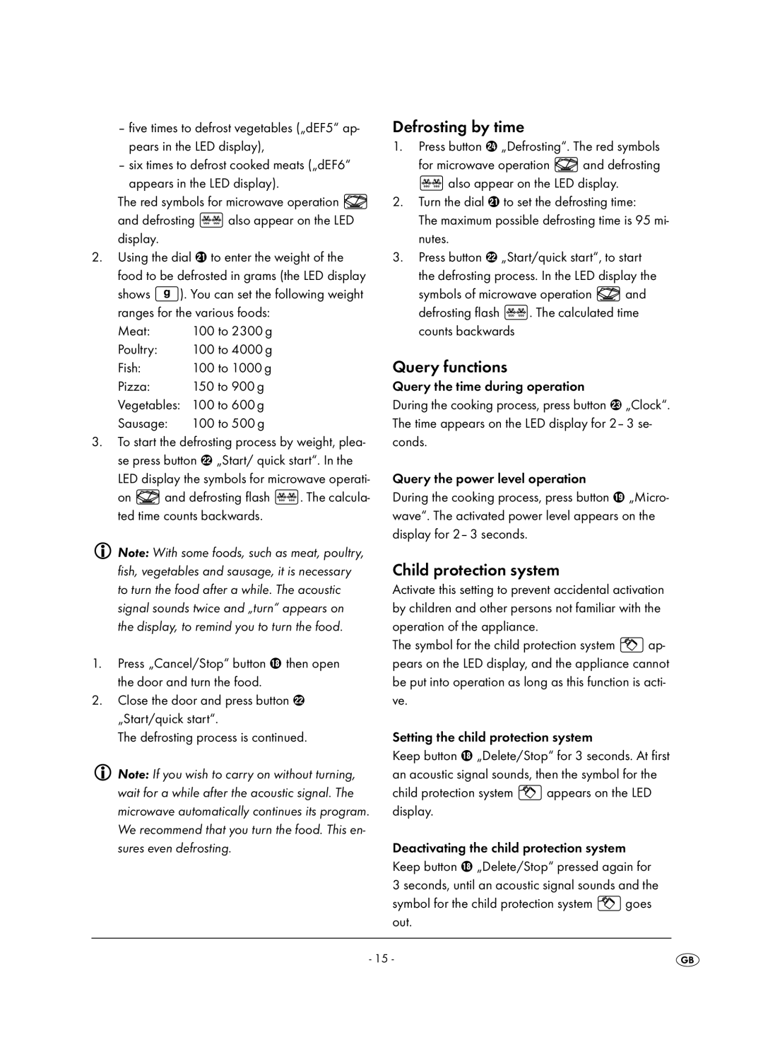 Kompernass KH 1106 manual Defrosting by time, Query functions, Child protection system 