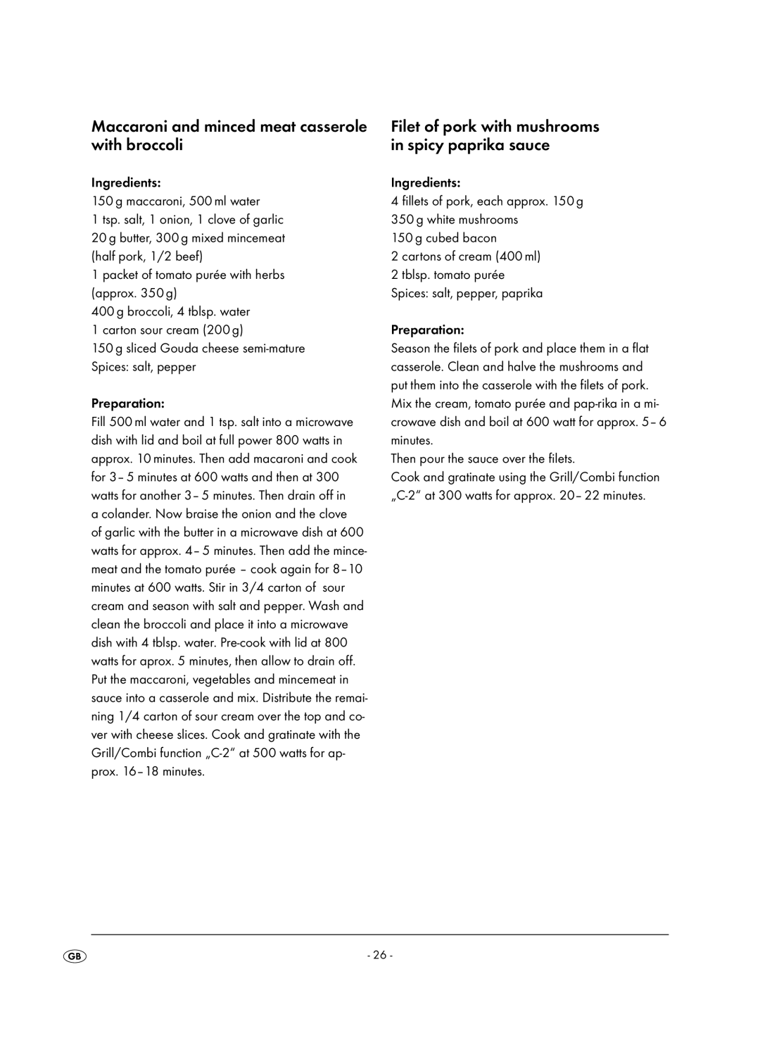 Kompernass KH 1106 manual Maccaroni and minced meat casserole with broccoli, Then pour the sauce over the filets 