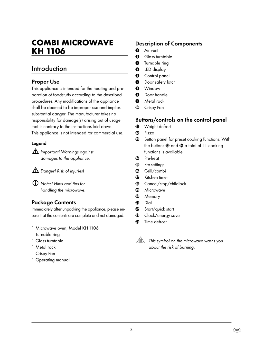 Kompernass KH 1106 manual Introduction, Proper Use, Package Contents, Description of Components 