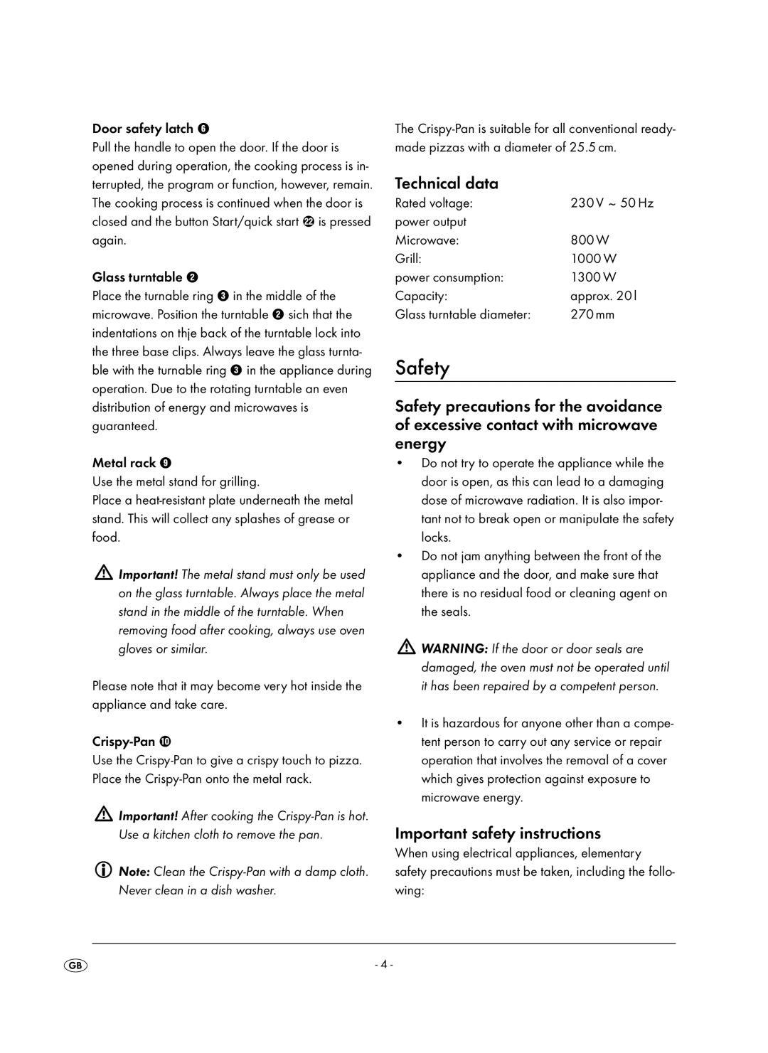 Kompernass KH 1106 manual Safety, Technical data, Important safety instructions, Rated voltage 