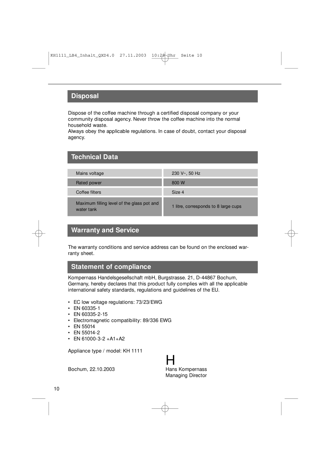 Kompernass KH 1111 manual Disposal, Technical Data, Warranty and Service, Statement of compliance 