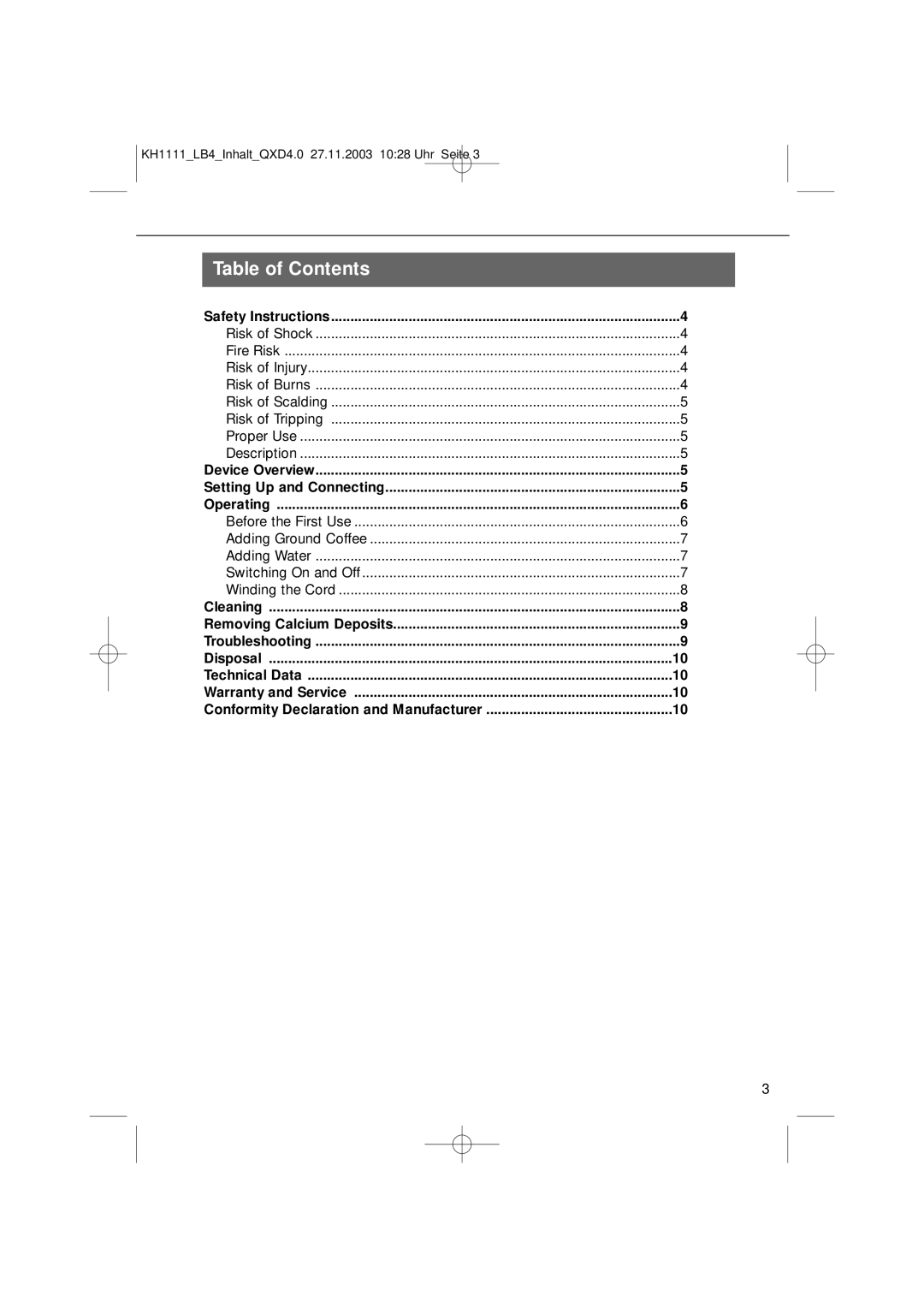 Kompernass KH 1111 manual Table of Contents 