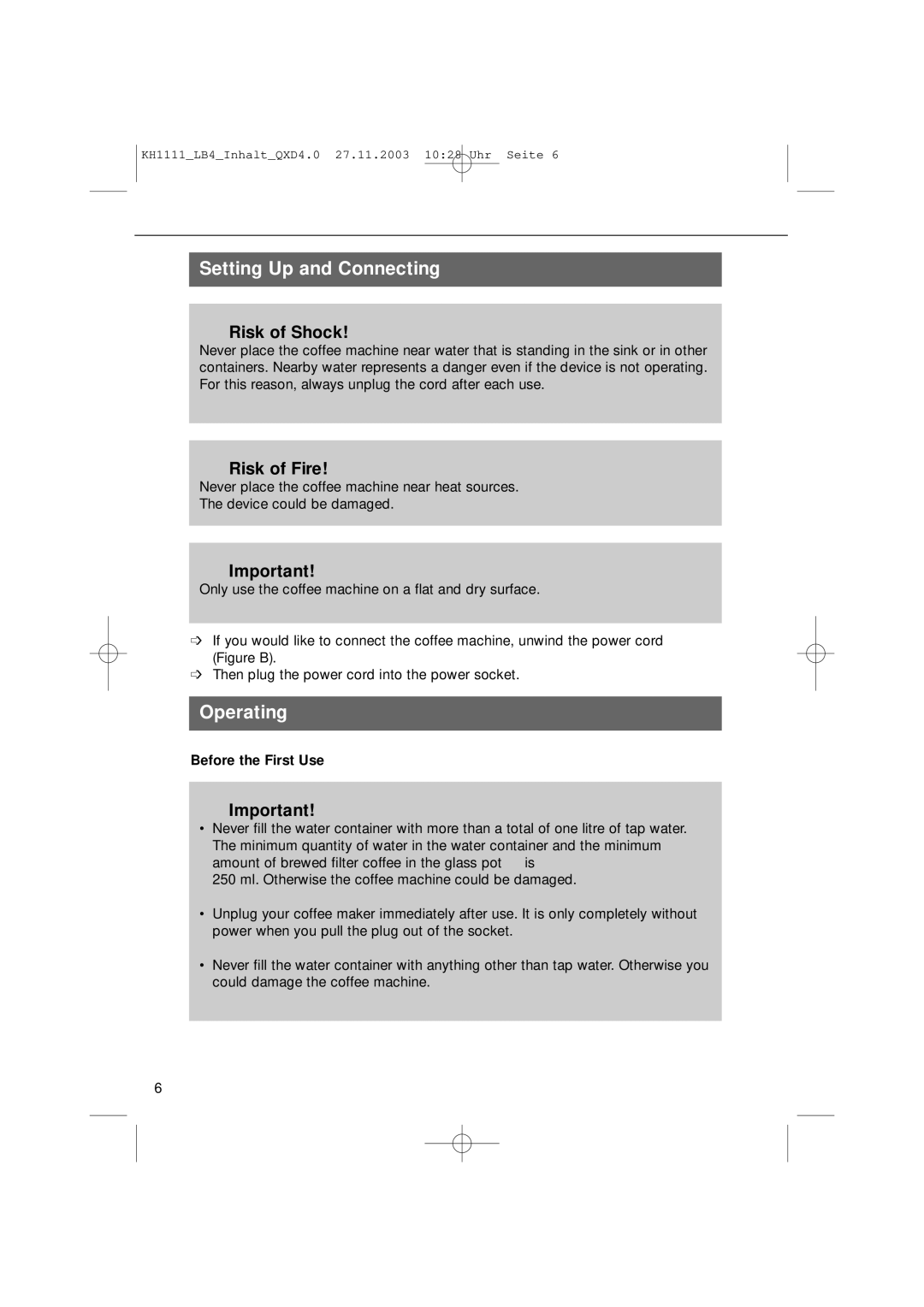 Kompernass KH 1111 manual Setting Up and Connecting, Operating, Risk of Shock, Before the First Use 