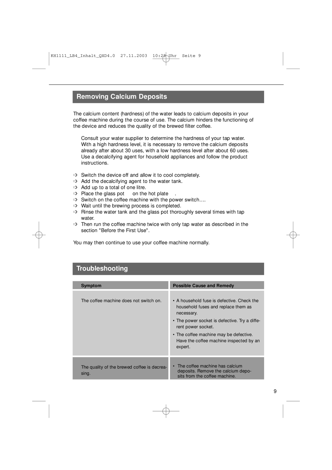 Kompernass KH 1111 manual Removing Calcium Deposits, Troubleshooting 