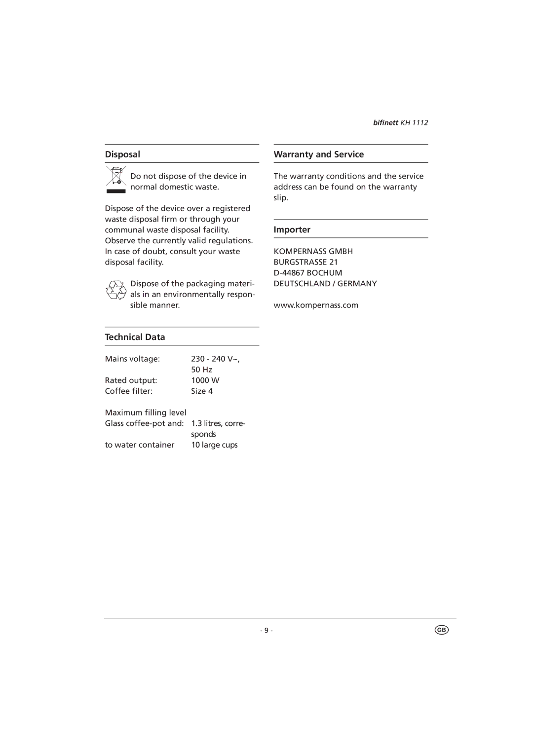 Kompernass KH 1112 manual Warranty and Service 