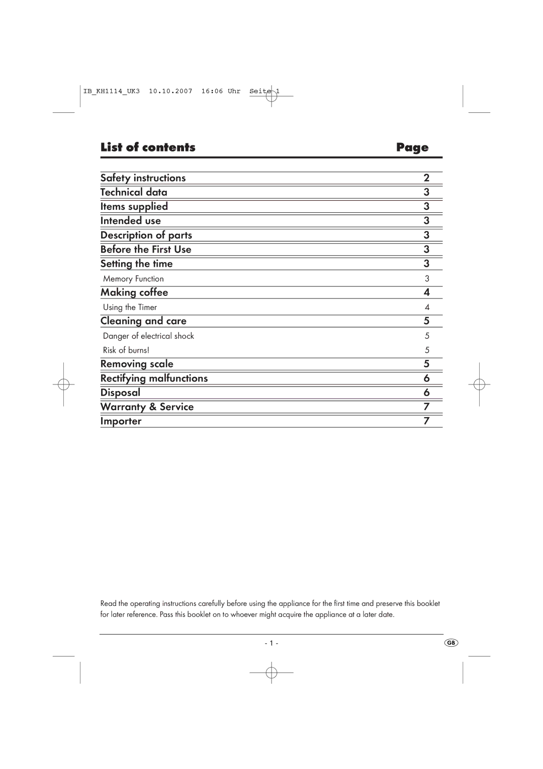 Kompernass KH 1114 warranty List of contents 