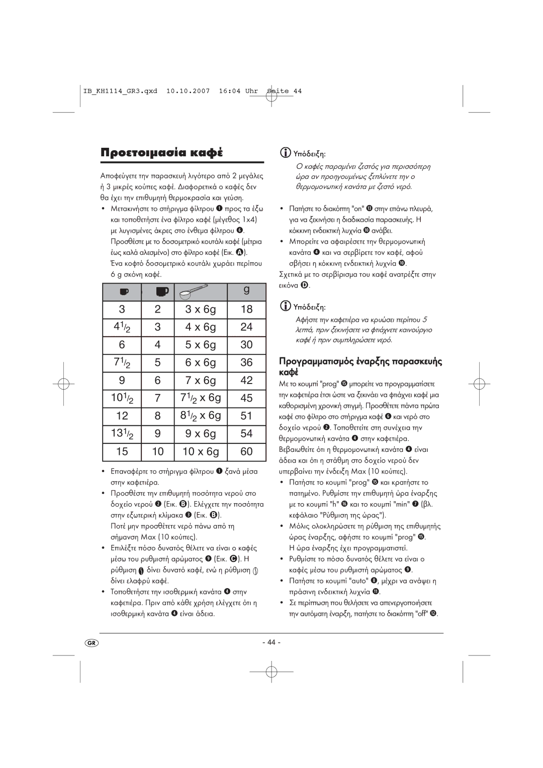 Kompernass KH 1114 warranty Προετοιµασία καφέ, Προγραµµατισµός έναρξης παρασκευής καφέ 