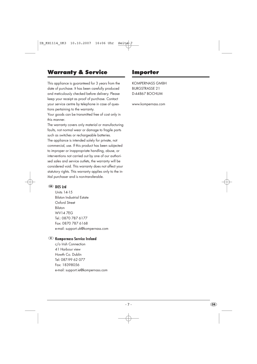 Kompernass KH 1114 Warranty & Service Importer, Kompernass Service Ireland, Bochum, Tions pertaining to the warranty 