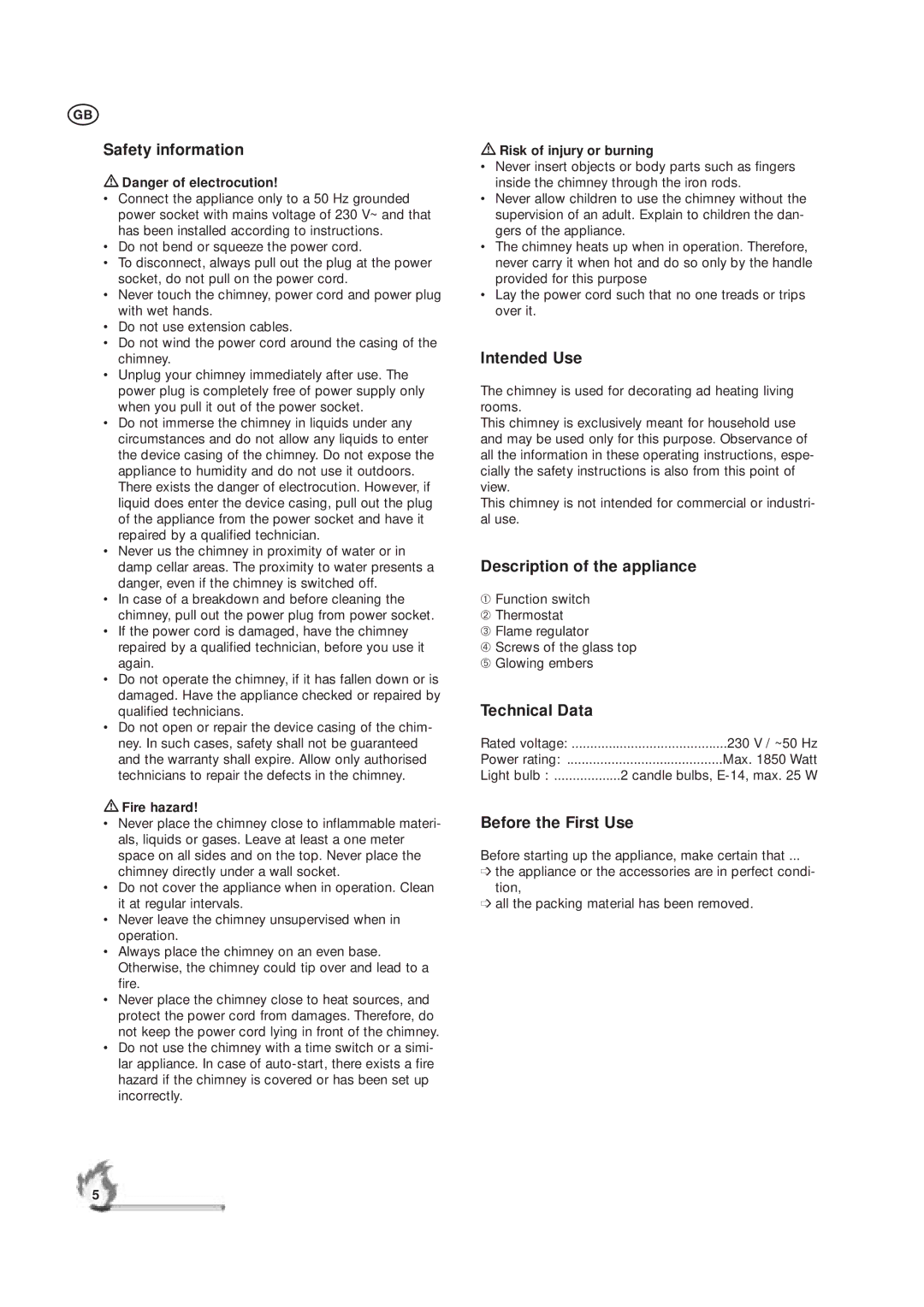 Kompernass KH 1117 Safety information, Intended Use, Description of the appliance, Technical Data, Before the First Use 