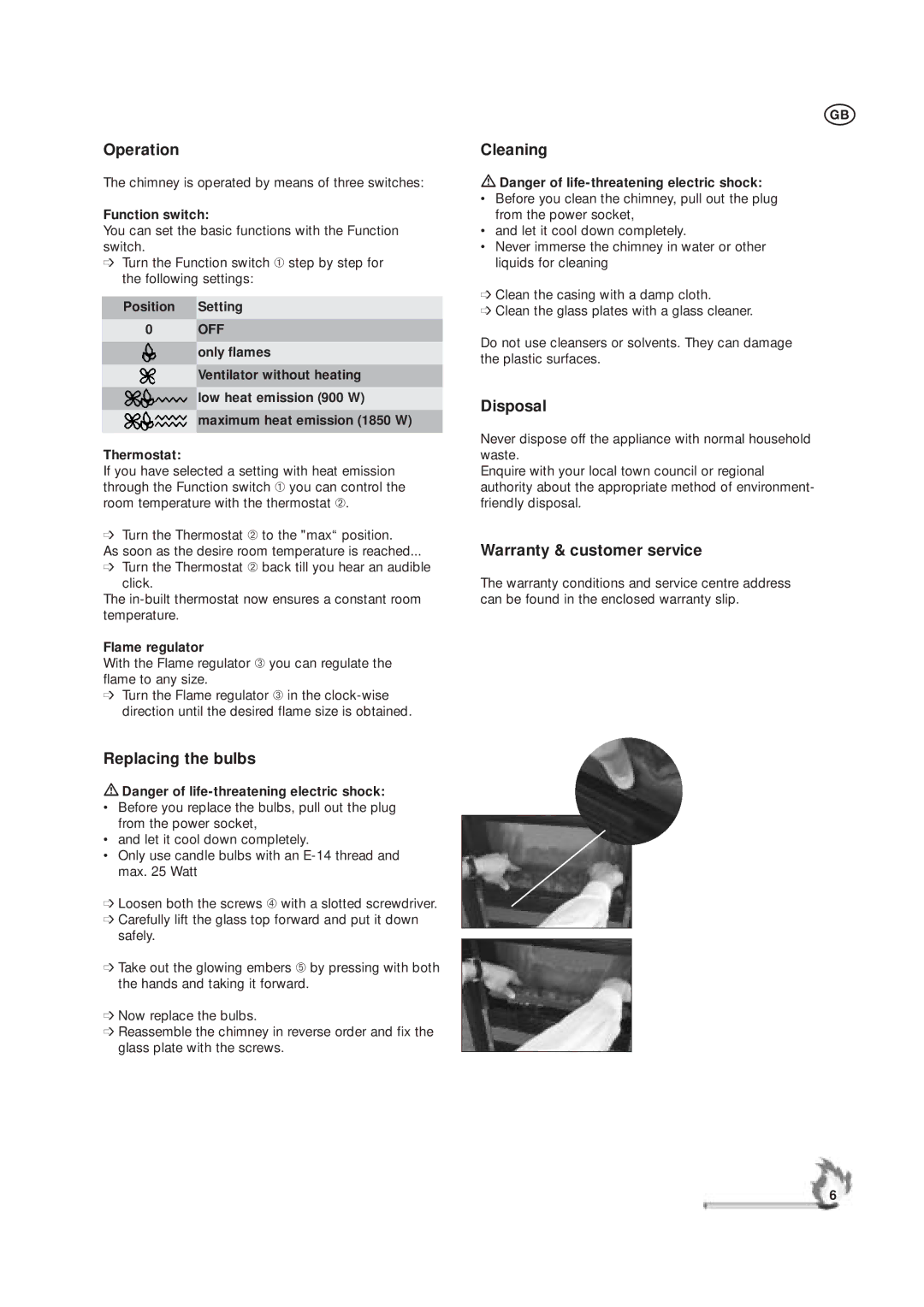 Kompernass KH 1117 manual Operation, Replacing the bulbs, Cleaning, Disposal, Warranty & customer service 