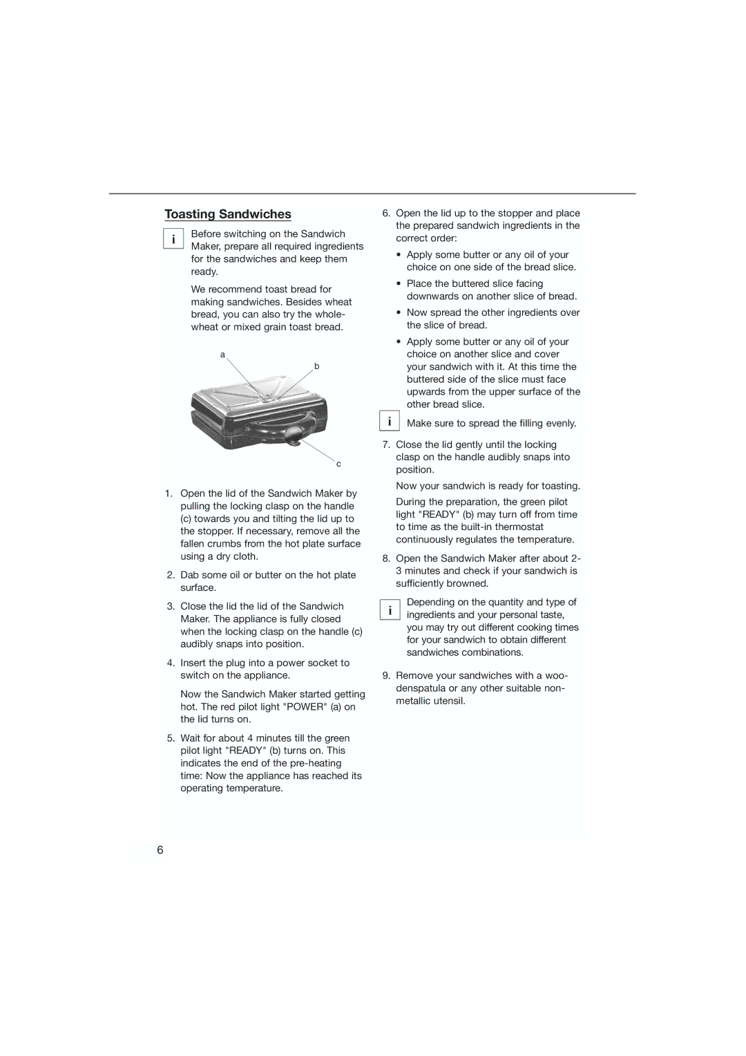 Kompernass KH 1120 manual Toasting Sandwiches 