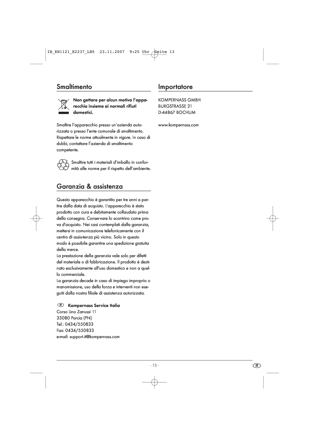 Kompernass KH 1121 manual Smaltimento, Importatore, Garanzia & assistenza 