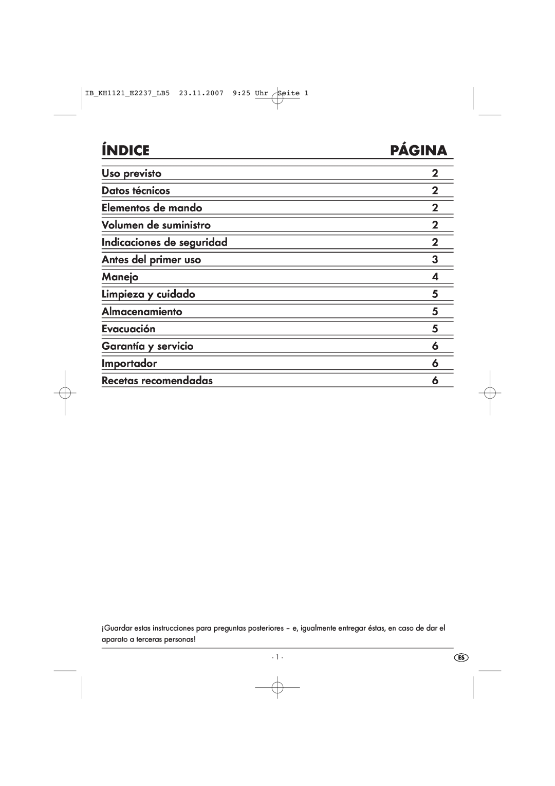 Kompernass KH 1121 manual Índice, Página 