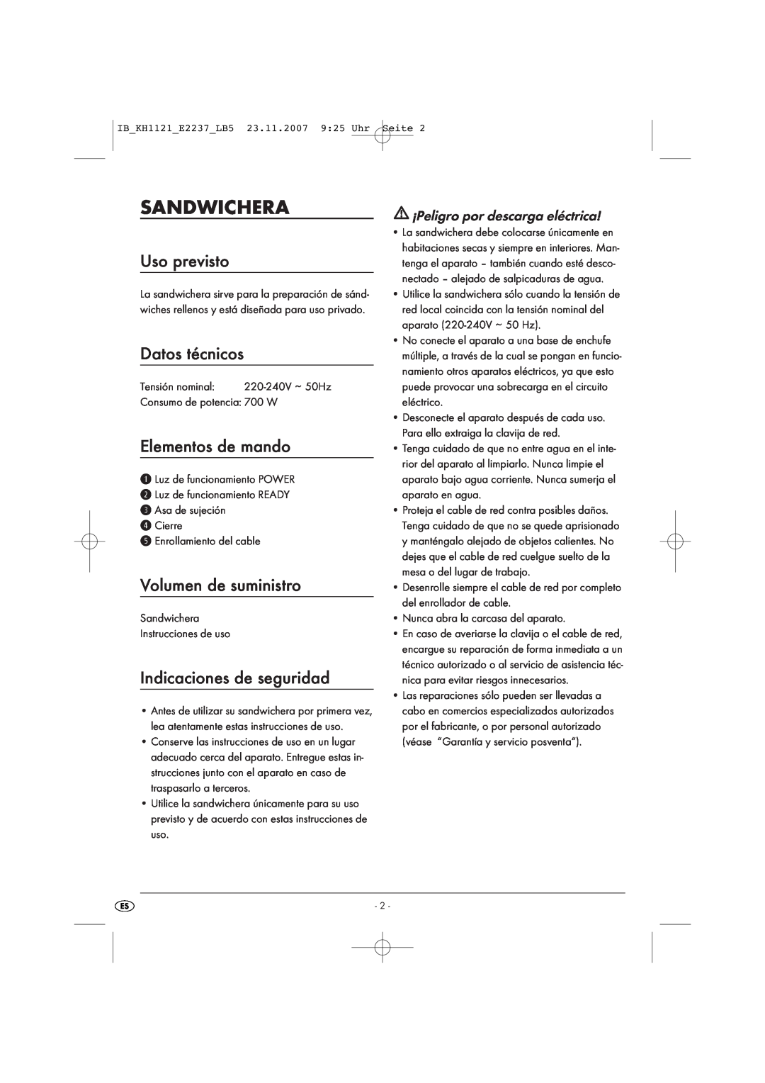 Kompernass KH 1121 manual Sandwichera, Uso previsto, Datos técnicos, Elementos de mando, Volumen de suministro 