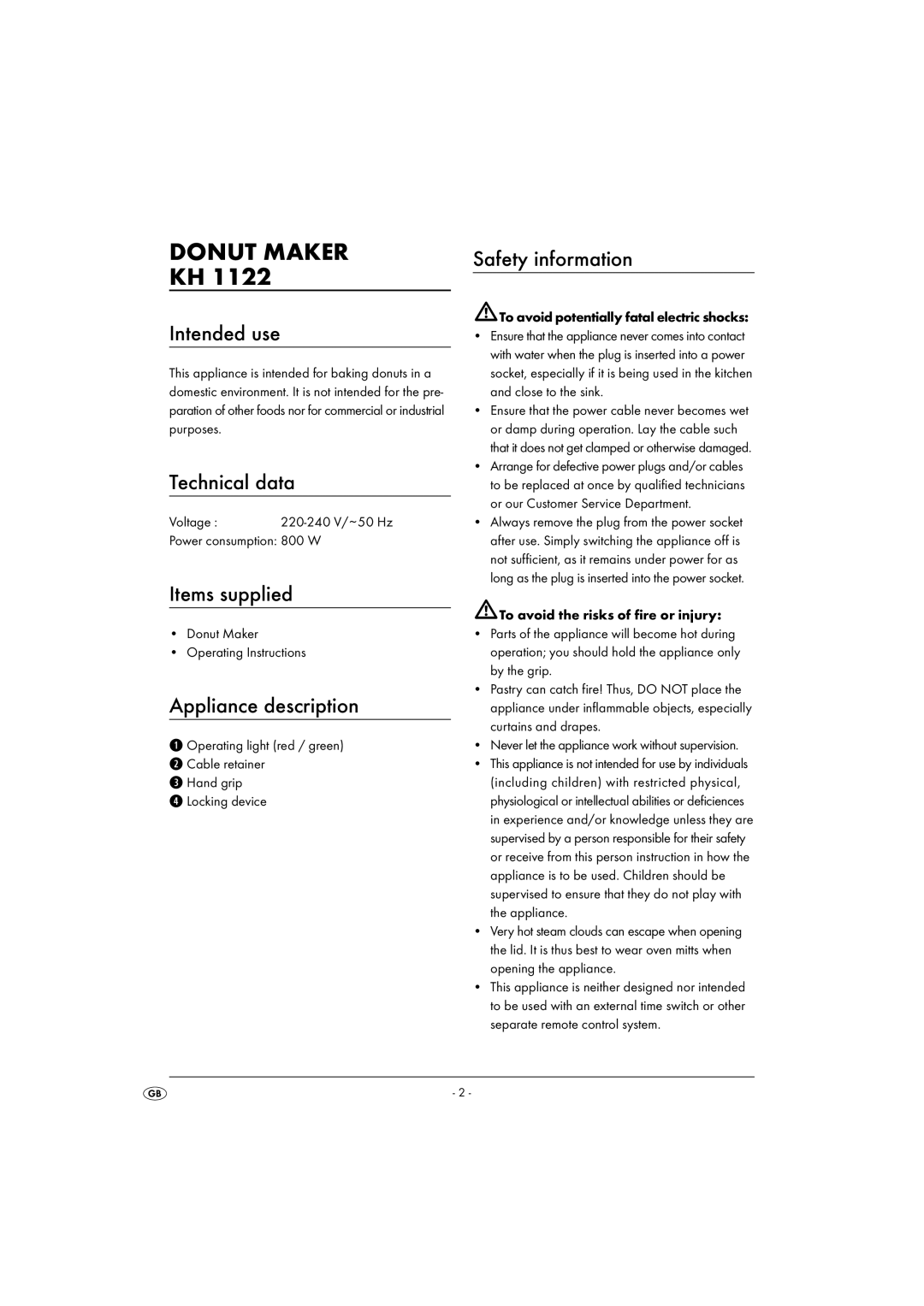 Kompernass KH 1122 manual Donut Maker 