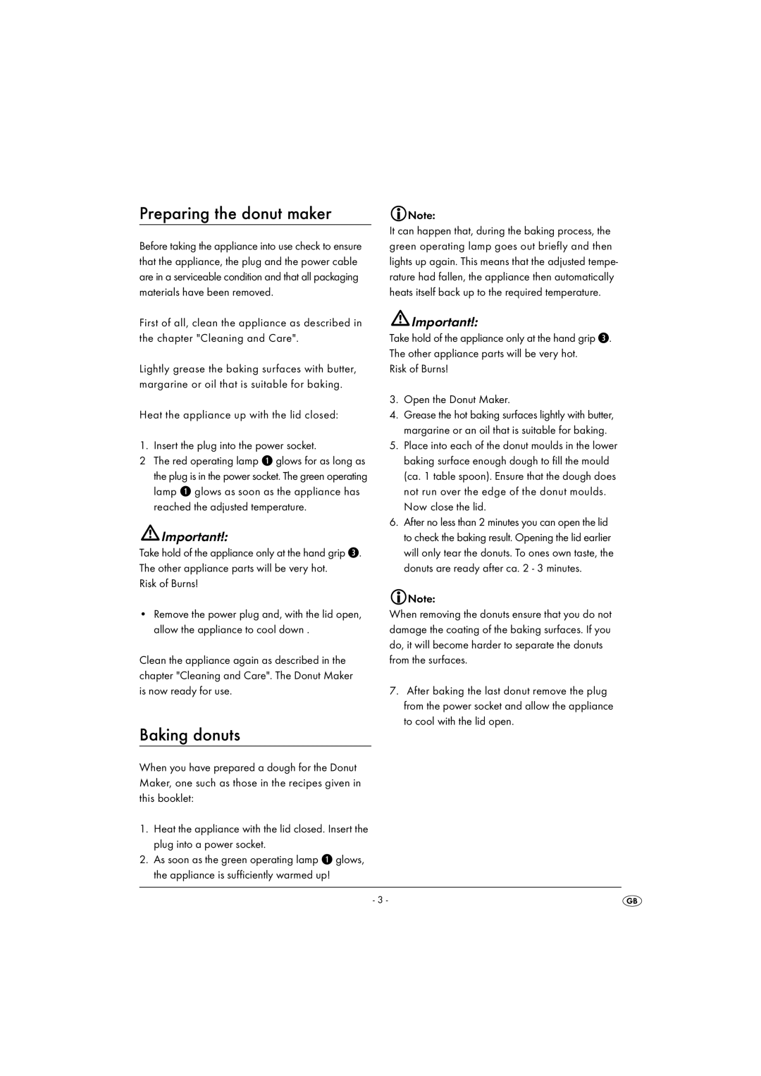 Kompernass KH 1122 manual Preparing the donut maker, Baking donuts, Risk of Burns Open the Donut Maker 