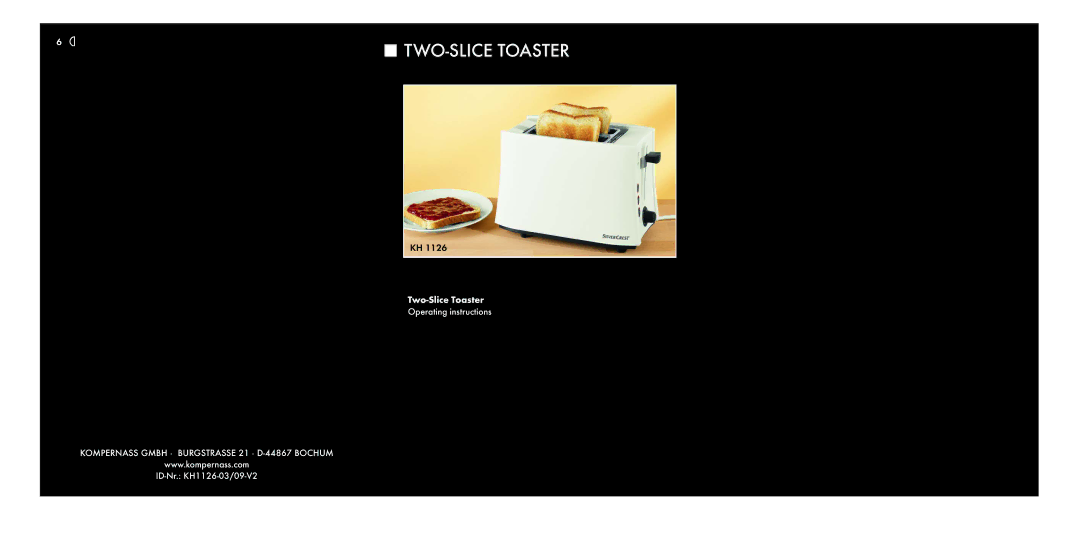 Kompernass KH 1126 manual TWO-SLICE Toaster 