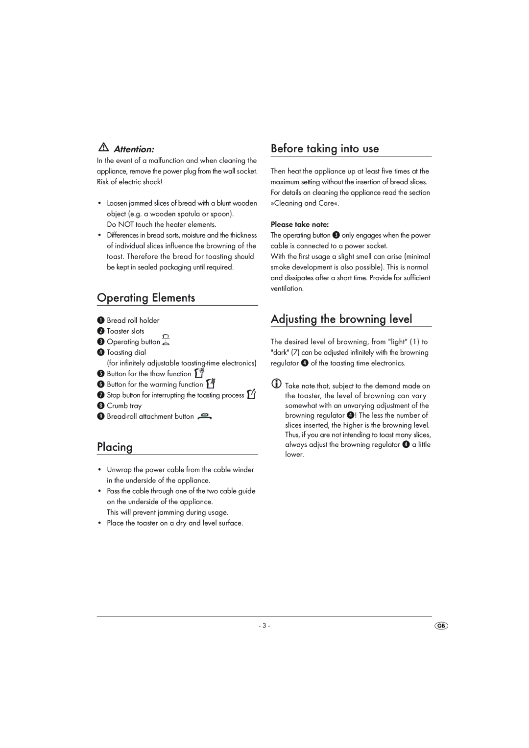 Kompernass KH 1126 manual Operating Elements, Placing, Before taking into use, Adjusting the browning level 