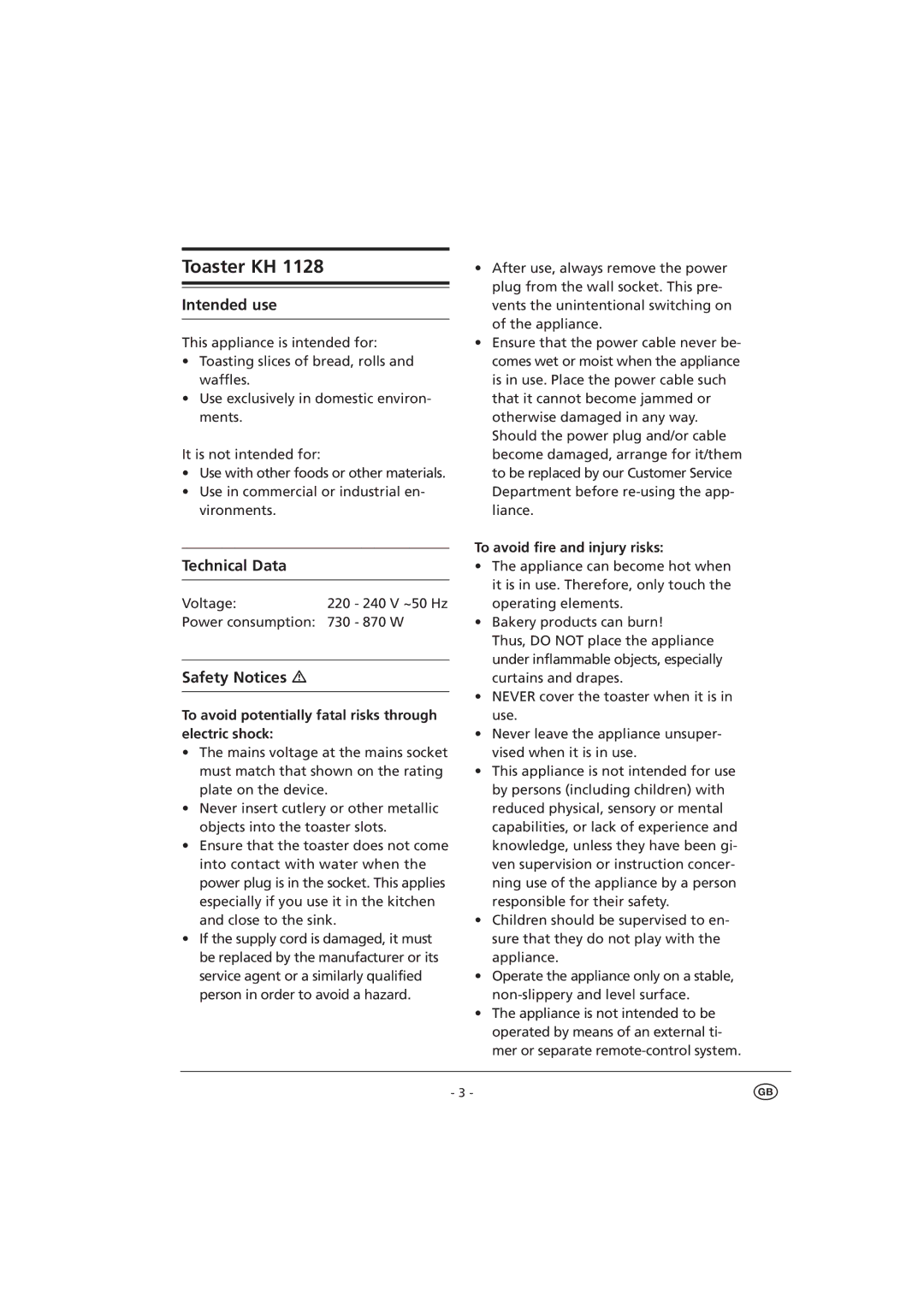 Kompernass KH 1128 Intended use, Technical Data, Safety Notices, To avoid potentially fatal risks through electric shock 