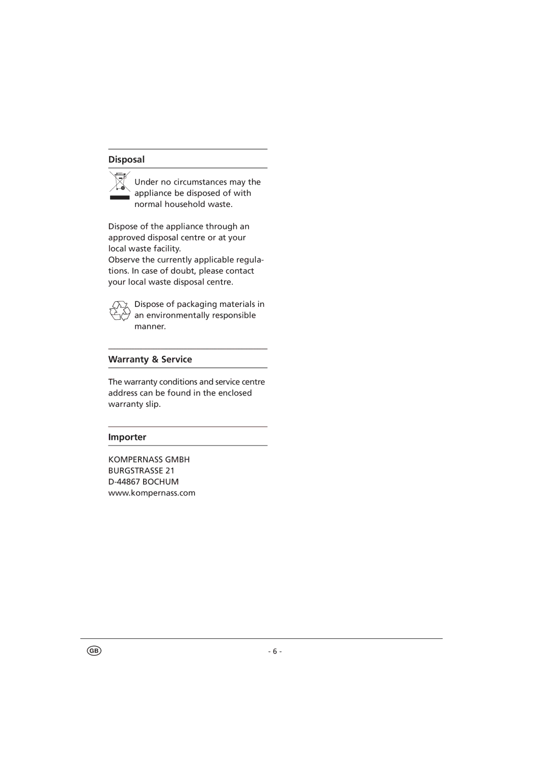 Kompernass KH 1128 manual Disposal, Warranty & Service, Importer 