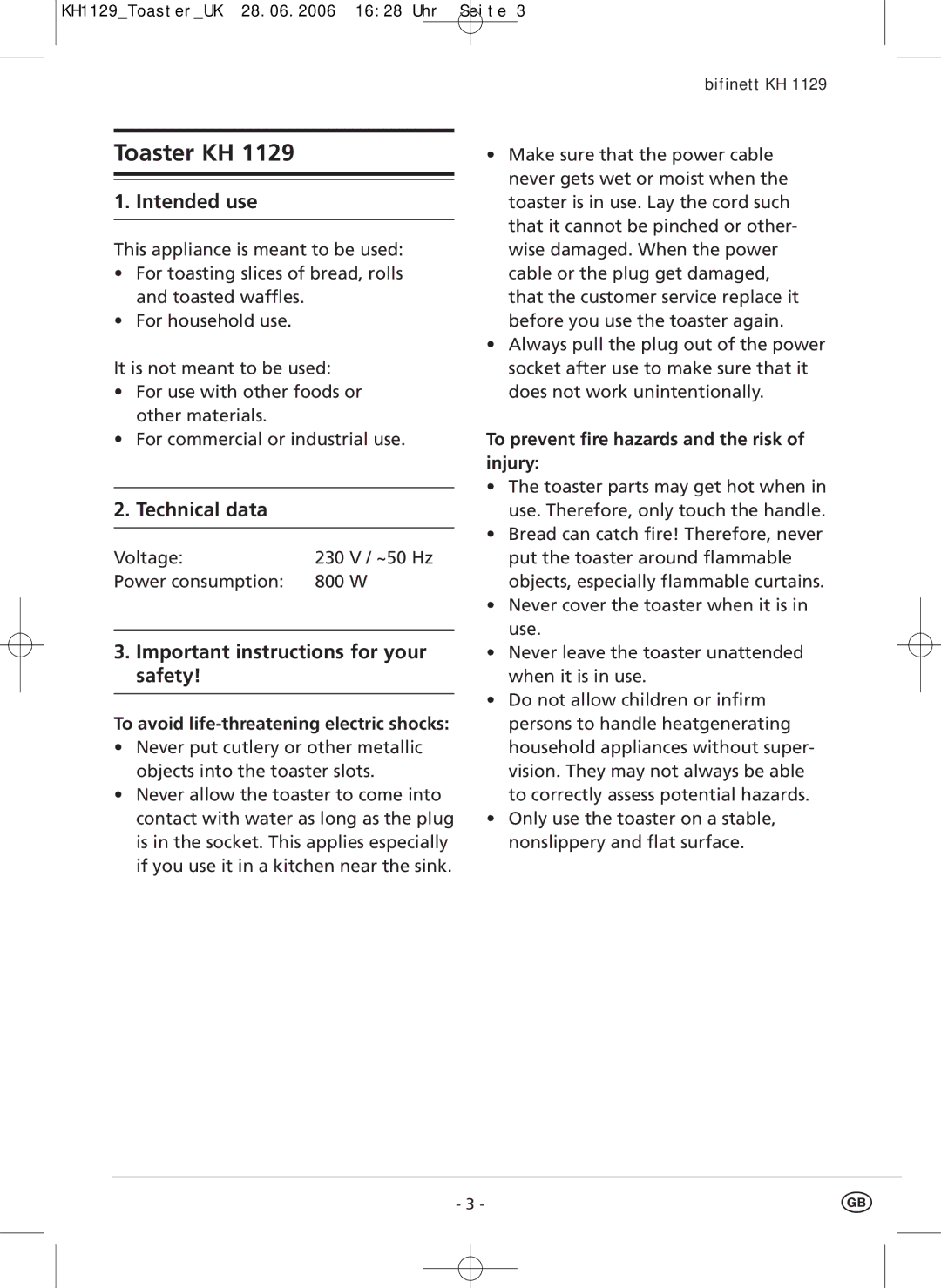 Kompernass KH 1129 manual Intended use, Technical data, Important instructions for your safety 