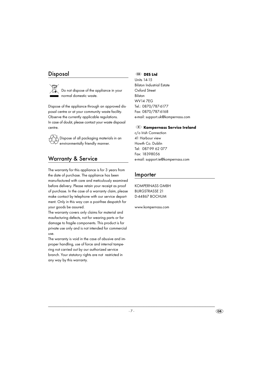 Kompernass KH 1134 manual Disposal, Warranty & Service, Importer 