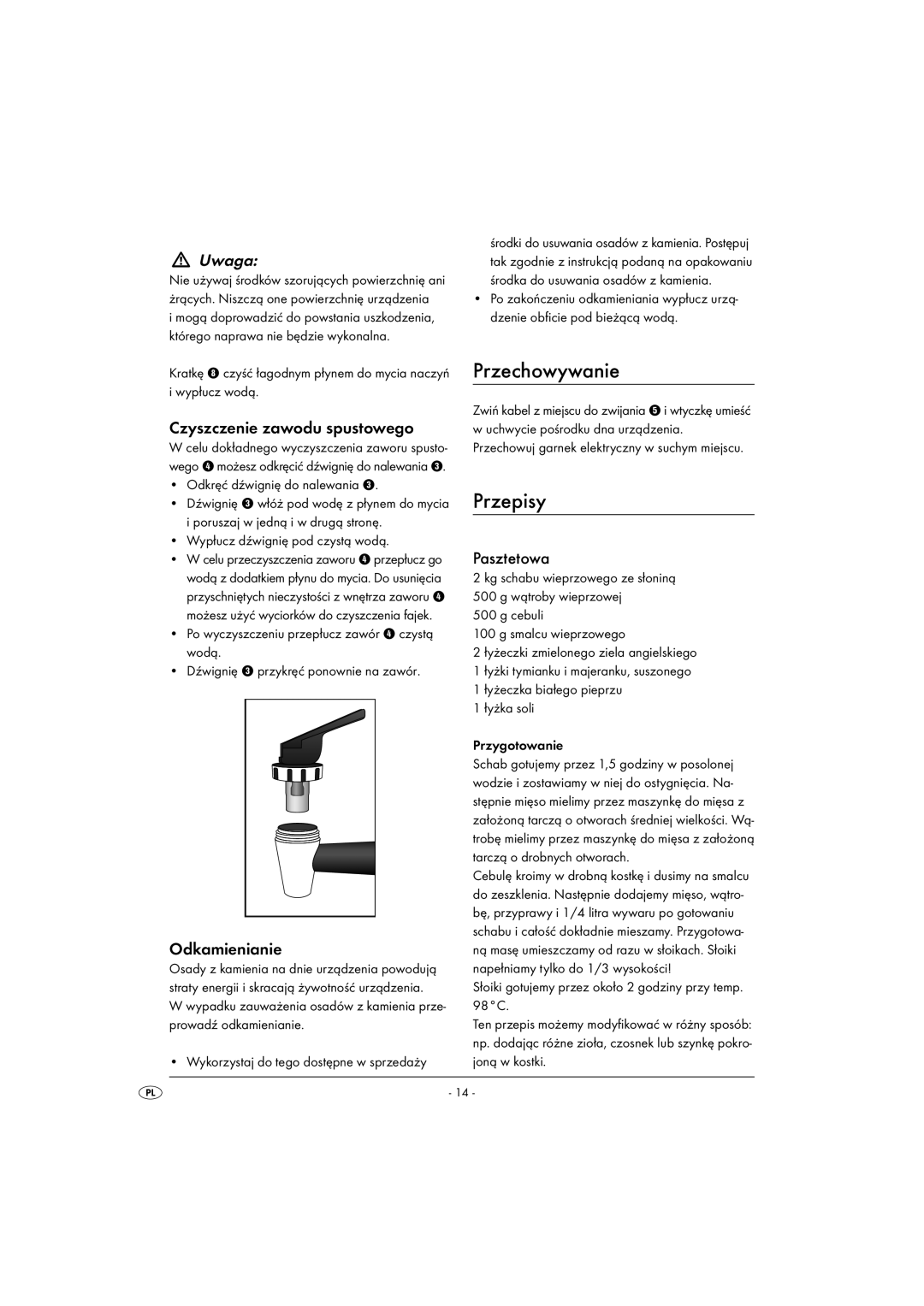 Kompernass KH 1135 Przechowywanie, Przepisy, Czyszczenie zawodu spustowego, Odkamienianie, Pasztetowa 